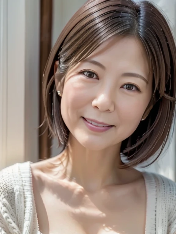 (Highly realistic photos, High resolution, Detailed face, Beautiful Eyes), Japanese women, 40 years old, Various expressions,Japanese Wife, Beautiful married woman , Slim figure, Various hairstyles,  Casual Outfit, One of the people in the photo、Long sleeve dress、Photographed in natural light、White wall、In front of a white door、(窓のあるWhite wallの部屋)、Simple Necklace、Autumn clothes、 please don't look at the camera、Dark brown hair color、Short Hair、Cleavage
