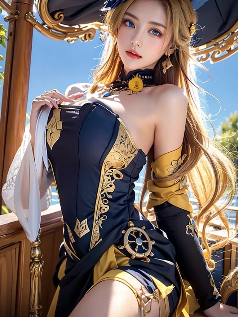 realistic, High resolution, soft light, 1 female, detailed face, gigantic breasts, blue eyes, long hair, silk ribbon on the front, earrings, filigree, removed sleeve, wide sleeve, jewelry, cleavage, bare shoulders, strapless, simple choker, yellow tube dress, No bra, Navia, yellow cheongsam dress, british town background, gigantic breasts