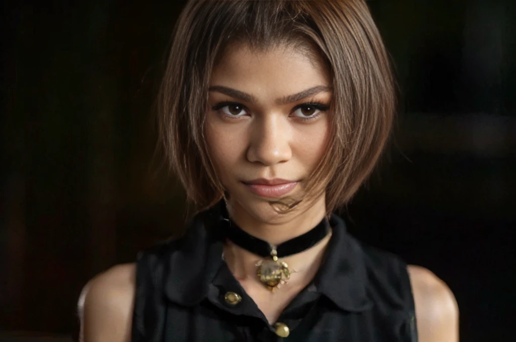 (zendaya:.4), (32k:1.5, Highest quality, masterpiece, Ultra-high resolution), Professional camera work:1.6, Highly detailed skin and face textures:1.3, Captivating portrait:1.2, Very accurate, Very detailed, 1 adult female, Incredibly slim body, sense of loss, Sadness, Expressions of sadness,  Small face, (()), (medium shot), (smile)