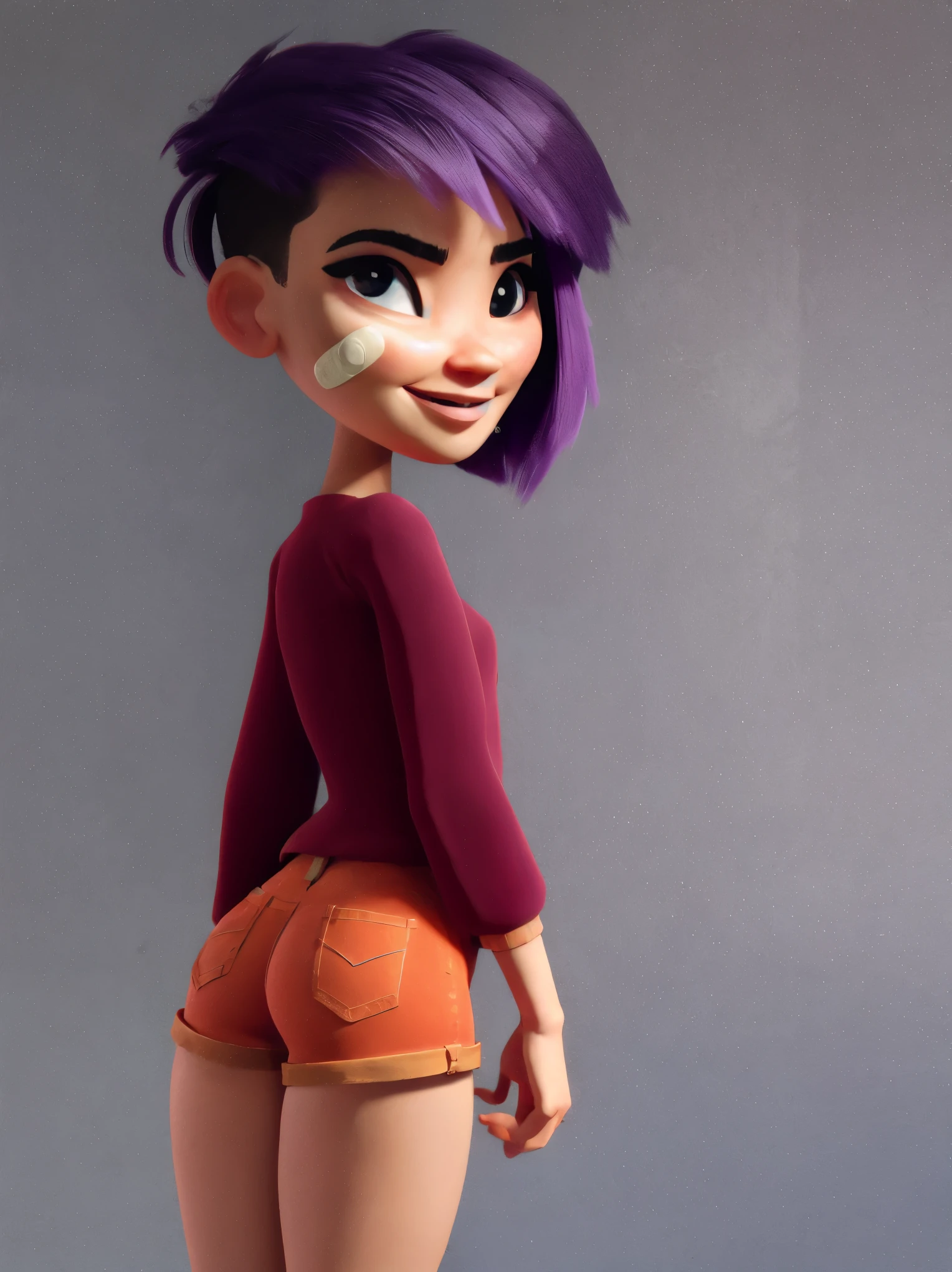 mai, 1girl, short hair, purple hair, brown eyes, hair over one eye, bandaid on face, red sweater, long sleeves, orange minishorts, panties, booty, butt, white stockings, kneehighs, blue shoes, backside, showing her butt, naughty Face, Cute smile, Lip Bite, Staring at Viewer, butt Shaking, blue Background 