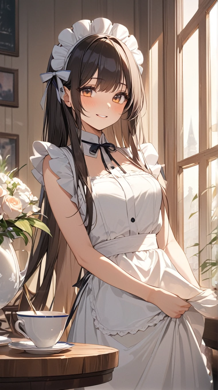 Masterpiece ,best quality , high resolution , (1 girl solo:1.38) , (chizuru ichinose, long hair, bangs, brown hair, (brown eyes:1.2), one side up) , (cleavage:1.2) , (medium breast:1.28) , (wear maid miniskirt , maid head band , sleeves , stockings ) , (cleavage:1.15) , (big breast:1.1) , (face view , back view , look at view) , (indoor, in kitchen , night , moonlight , windows , coffee on table ) , (standing , thighs ) , (cowboy_shot) , ( smile , open mouth , full face blush , shy )