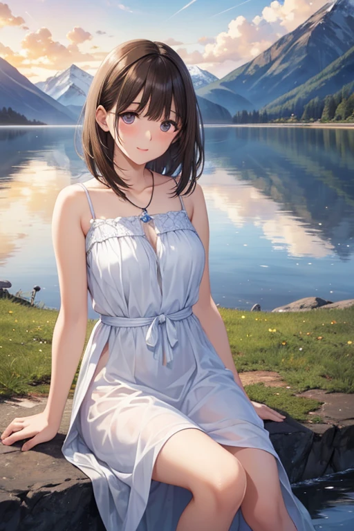 1girl, solo, rural landscape, village, trees, sun, water stream, clouds, fantasy, brown hair, huge breasts, nipples, white dress, ((short dress)), silver high heels, cleavage 1:3, elegant white hat, brown eyes, smile, looking at the viewer, sitting on a stone, golden necklate