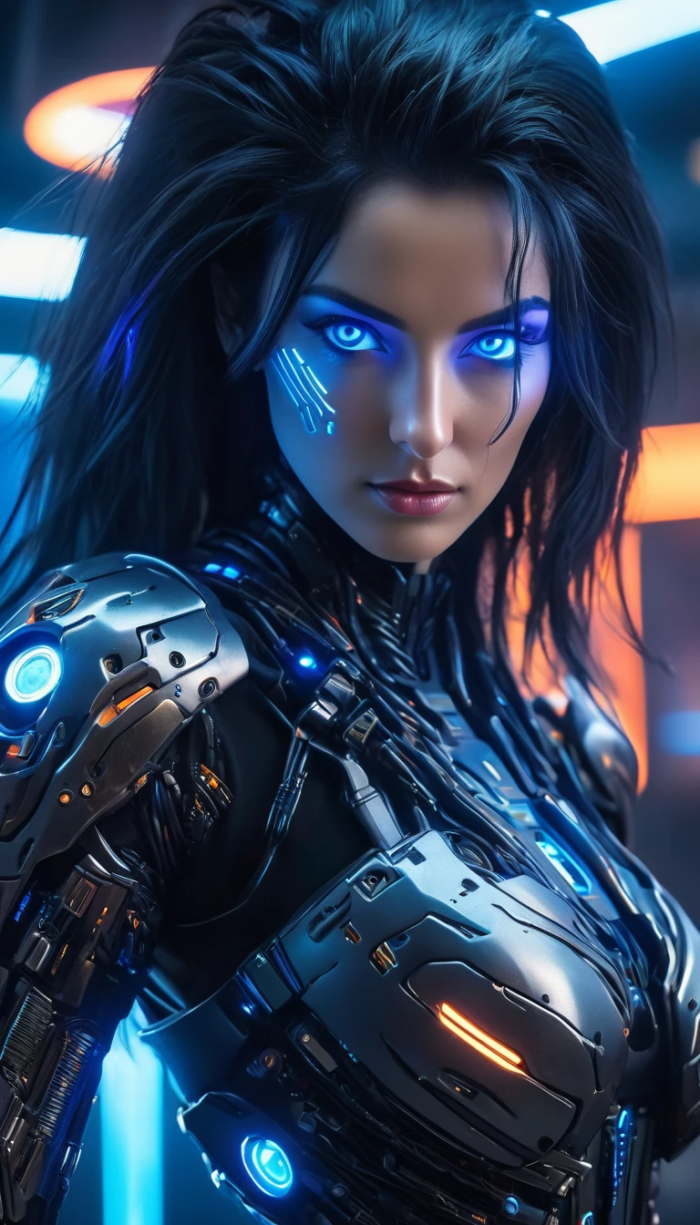 (Best Quality, 4K, 8k, High resolution, masterpiece: 1.2), (Very detailed, Realistic, Realistic:1.37), Woman in futuristic costume,  exoskeleton cyber armor, Woman wearing a form-fitting Armot  、((She has a plasma gun in her hand)), Full body images, Maximum details,  Superior quality through accurate drawings, 8k,Chest, blue eyes, High resolution, 超High resolution, Best Quality, Shortcuts, Big Chest,   cinematic lighting effects , 美しいBlack Hairの女性, blue eyes, Cyberpunk style woman, ((Advanced spacecraft interior)), High-quality images、Black Hair, Shortcuts,