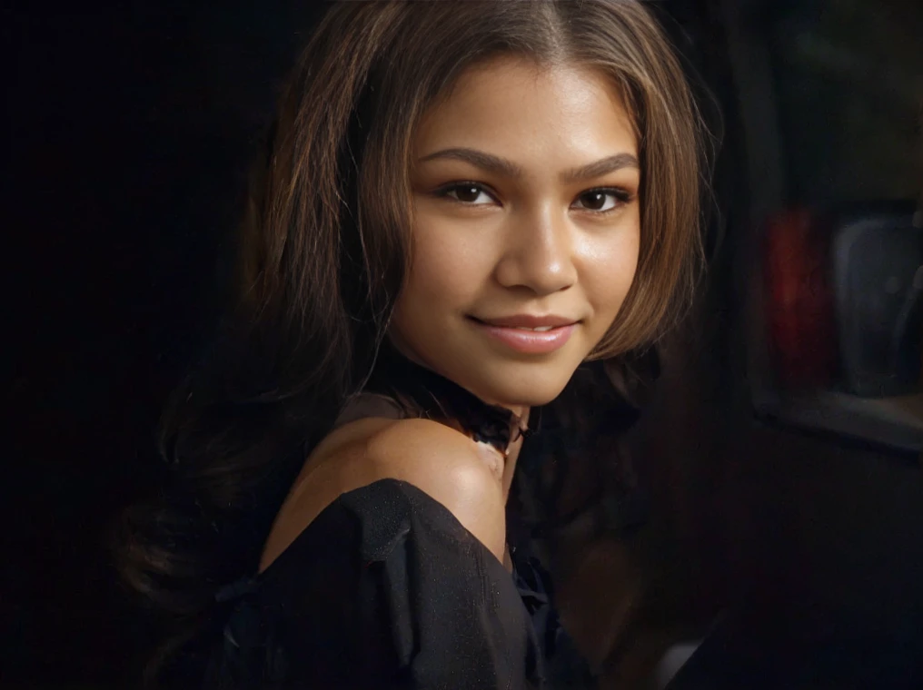 (zendaya:.4), (32k:1.5, Highest quality, masterpiece, Ultra-high resolution), Professional camera work:1.6, Highly detailed skin and face textures:1.3, Captivating portrait:1.2, Very accurate, Very detailed, 1 adult female, Incredibly slim body, sense of loss, Sadness, Expressions of sadness,  Small face, (()), (medium shot), (smile)