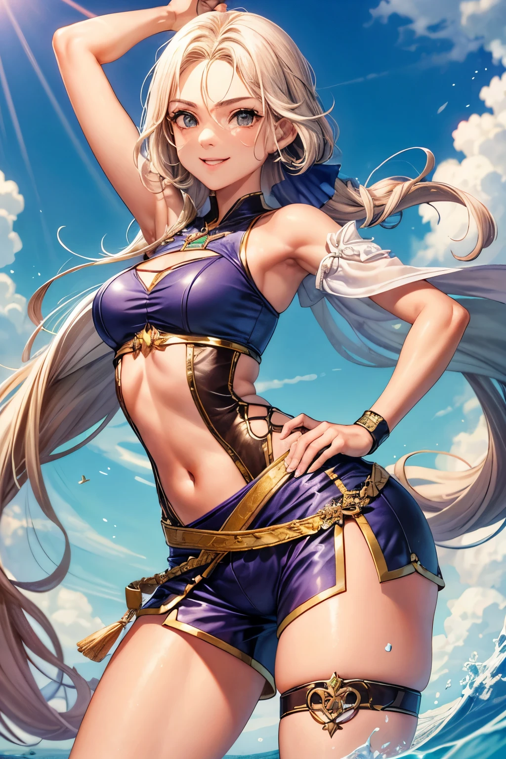 (masterpiece, best quality:1.2), fighter, fighting game character, short red hair, victory pose, Alone, 1girl, smile, looking at the viewer, catsuit, unzipped, short shorts, elbow pads, (fingerless gloves:1.1), clothes around the waist, belly button, neckline, big breasts