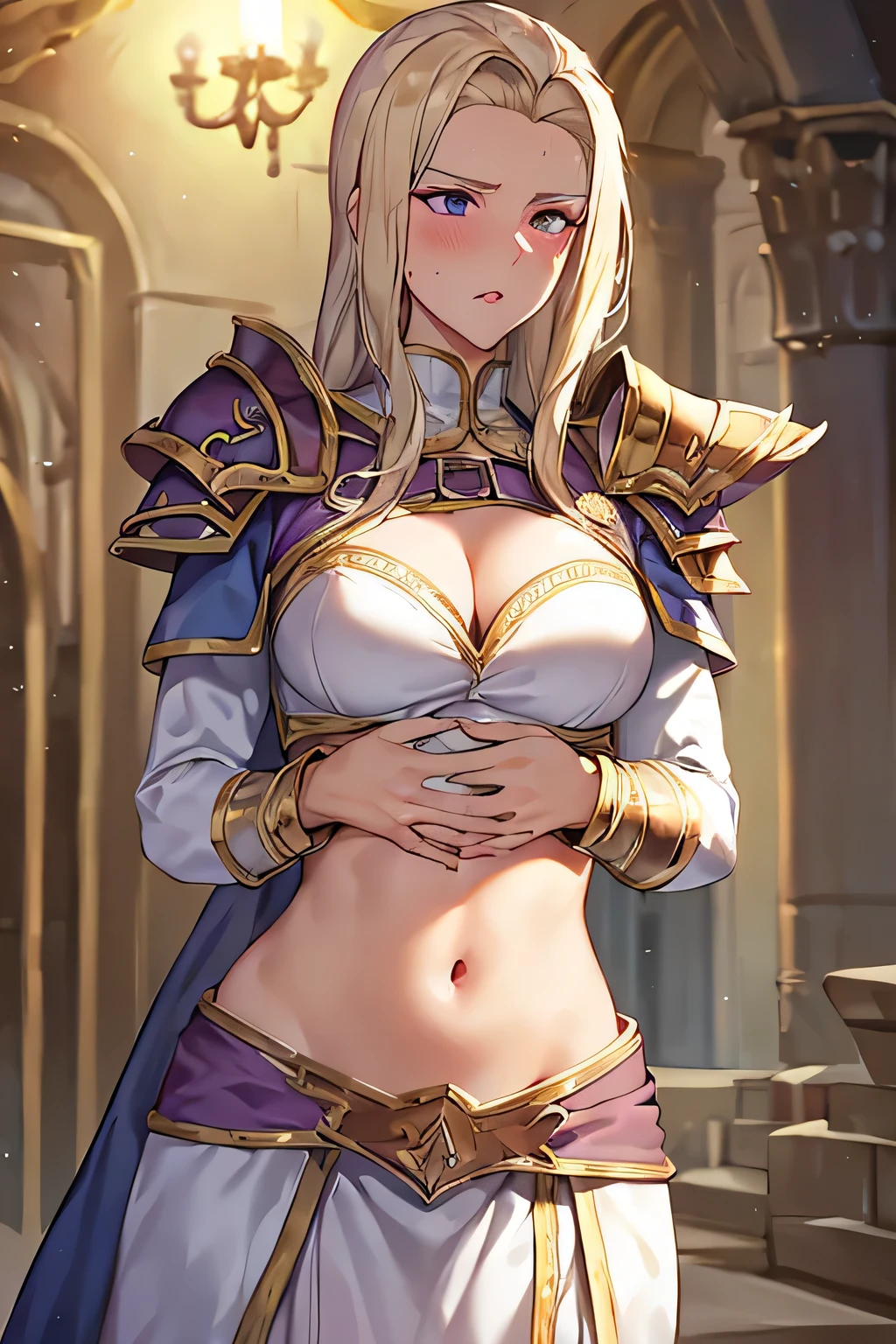 super fine illustration, vibrant colors, masterpiece, sharp focus, best quality, depth of field, ultra detailed, 1girl, solo, blush, purple waist cloth, long sleeves, armor,  warcraft, world of warcraft, WOW, jaina proudmoore, Elegant, looking down, blonde hair, body armor, shoulder pad armor, body armor, white skirt, red lipstick, night, indoors, leaning, hand on own stomach, shocked, afraid,  red lips, teeth, embarrassed, medieval, pouting, midriff, navel, dark lighting