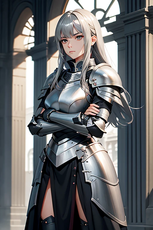 knee shot,female, gray hair, gray eyes, medium-length hair, pull plate armor, knight, 170 cm, bangs, arms crossed, A quiet woman, Expressionless, Chic, tough,  standing position, frontal, Stately , Looking down