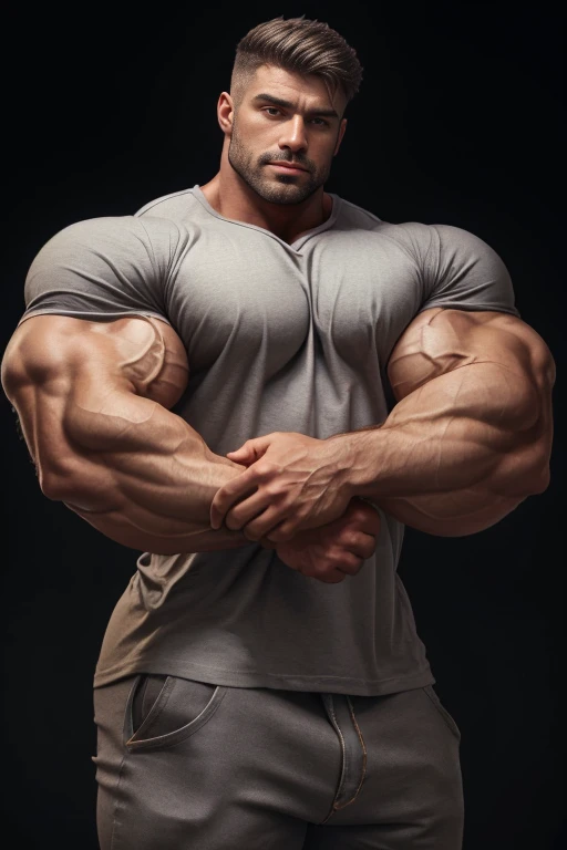 a very handsome man, massively muscular, massively large muscles, massively large biceps, massively large shoulders, Massively large arms, massively large chest, wearing a gray shirt, on a black background, perfect hand, perfect fingers