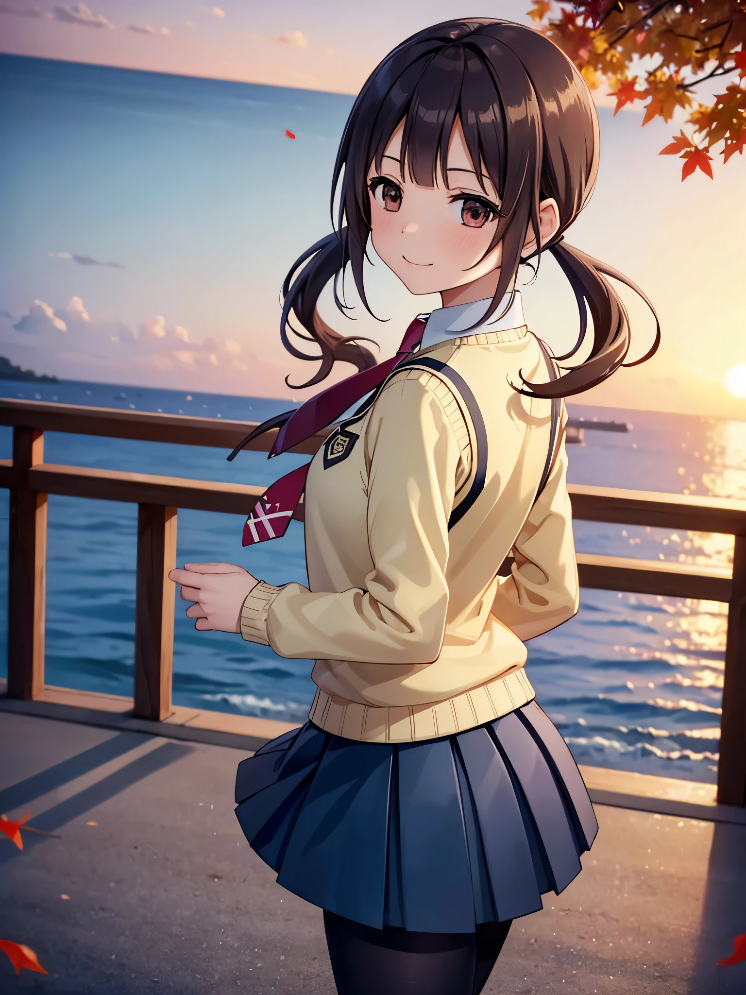 (16k,Ultra-high resolution,Best Quality,masterpiece, very detailed,Extremely clear CG),Okinawa looking back at the camera, low twintails,Anatomically correct body, very detailed顔の特徴, Beautiful and perfect face,,red necktie, yellow sweater vest, blue skirt, pantyhose,Park in the evening,Vivid autumn leaves,sunset,Perfect Eyes,Place your arms behind your back.:1.3,Top view,Looking at the camera,Smiling at the audience,red cheek,Enoshima,Photographing the back