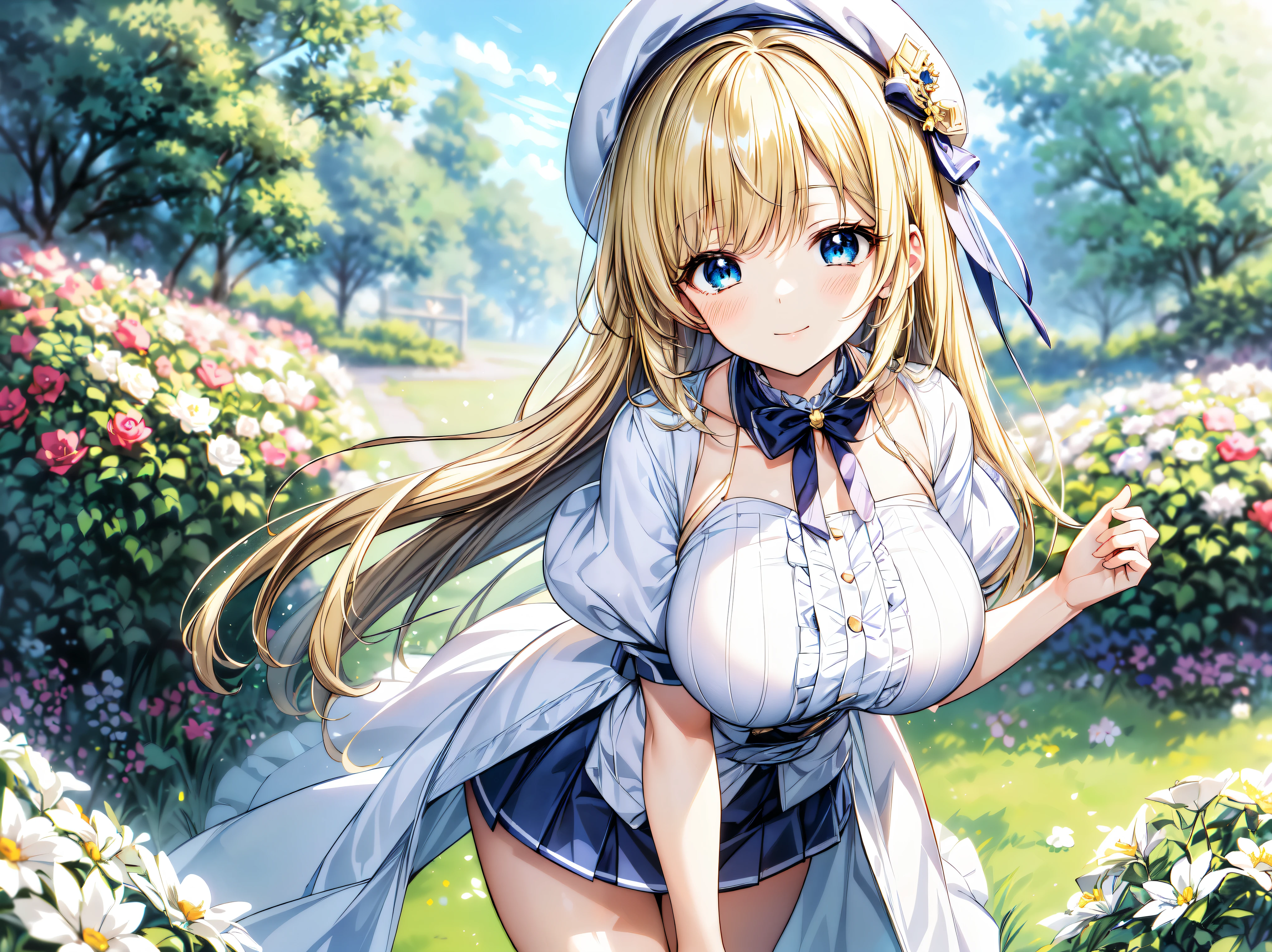 ((Ultra HD)), ((Super detailed)), ((Best Quality)), Blonde, ((Asymmetrical bangs)), KAWAII, happy smile, Big Breasts, breasts focus, Beret, Pleated mini skirt with lace, White Wizard, looking at viewer, from above, leaning forward, on grassland, (((Complete Hand))), amazing digital painting, ((depth of field, blurred background)), (anime moe art style:1.3),