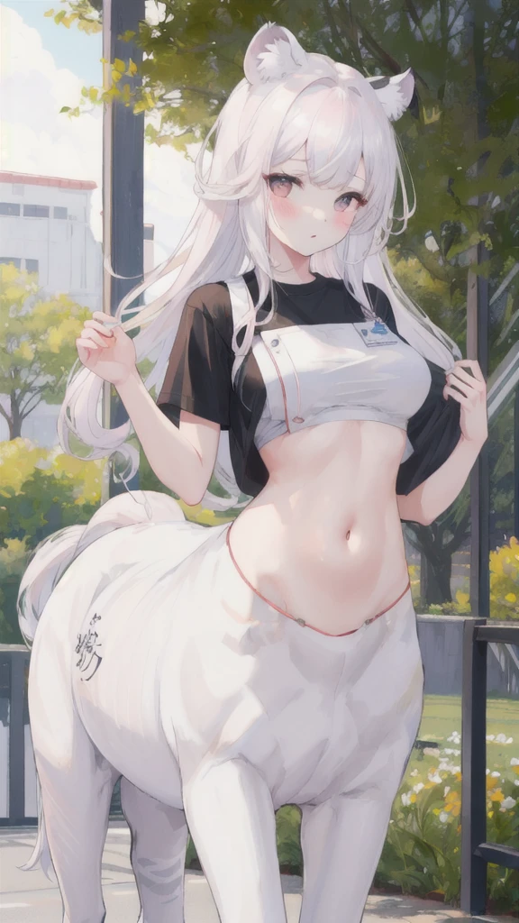 (best quality, masterpiece), 1 girl, centaur, It takes, White skin, Racehorse, belly button t-shirt, 아름다운 소녀 perfect wolf photo, perfect wolf photo
