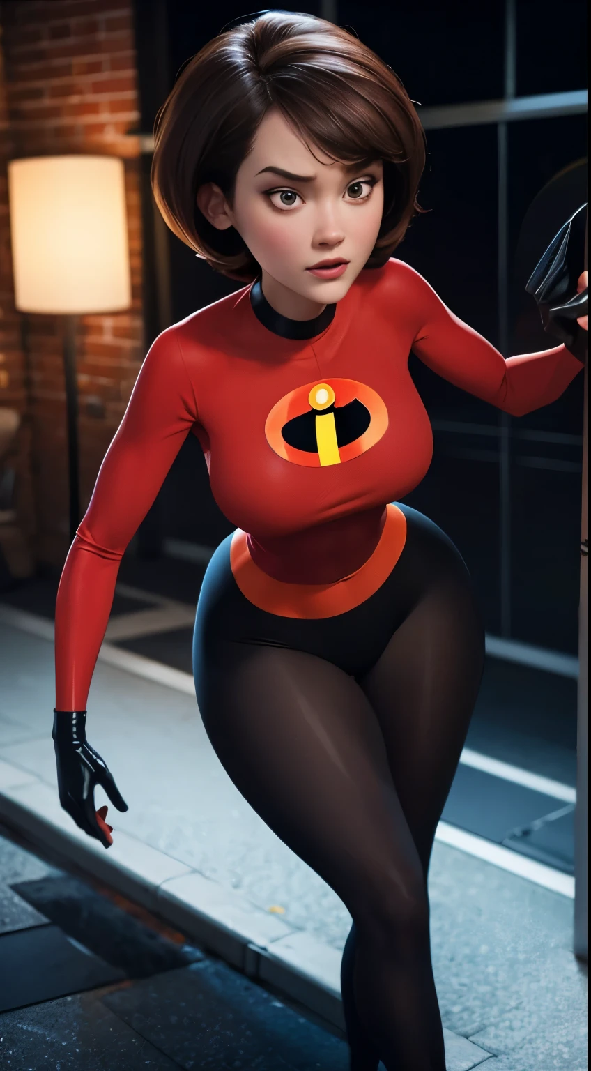 (work of art), best qualityer, plein-air, Lens flare, Depth of field, 1 girl, standing alone, gazing at viewer, breastsout, helenparr, domino mask, mask, May, elbow gloves, thicc thighs, thigh boots, squatting down, in the bedroom