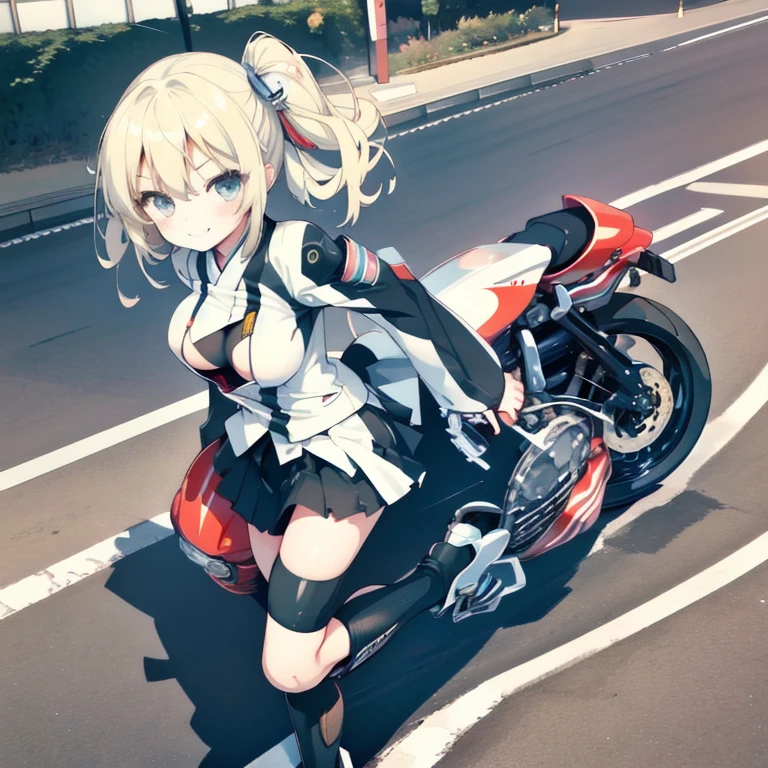 1woman, sitting on a moto GP, (huge moto:1.1), legs spread, (red moto:1.3), (big wheels:1.2), (big moto:1.4), from behind, nipple slip,(realistic:1.5),photorealistic, octane render,hyperrealistic, wide hips,huge thighs,white legwear,(photorealistic face:1.2),collar,(small breasts:1.1),thick eyelashes,long eyelashes,(twin tails:1.1),blonde hair,hair ribbon,arm straps,choker,(white lingerie:1.3),best quality, nsfw,cameltoe,streaked hair, half smile, victory sign, looking at viewer,sharp focus, (4k),(Masterpiece), (Best Quality), fantasy, extremely detailed, intricate, hyper detailed, (perfect face), illustration,soft lighting,(specular lighting:1.4),blue eyes,absurdly