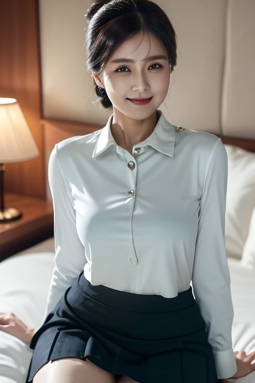 one woman, collared shirt, tight skirt, (thighs:1.4), smile, updo, 4K high resolution, photo quality, masterpiece, (detailed and beautiful face, detailed eyes:1.1), luxury hotel room, sitting on bed,