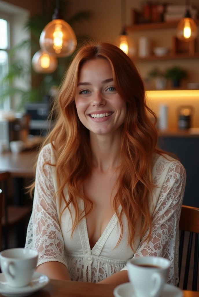 Woman with long reddish-brown hair smiles warmly while sitting in a ...