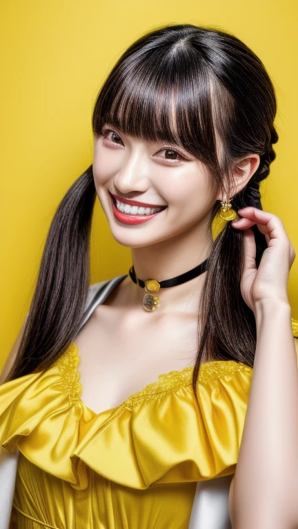 (realistic, photo-realistic:1.2), (masterpiece, best quality), high resolution, intricate details, extremely detailed, sharp focus, professional lighting, full body, solo, 1girl, a Japanese female idol, (yellow clothes, idol costume), (face focus, standing with leaning forward, bent over), dark hair, (twintails hair, straight hair, blunt bangs, hair scrunchie, hair ornament:1.2), (detailed face, beautiful detailed eyes, sophisticated nose, beautiful pupils), ((cheerful grin, teeth out)), pale skin, fine-textured skin, (choker, jewelry), photo background, indoors, home,,,[Aki Suda,Cho-Tokimeki-Sendenbu]