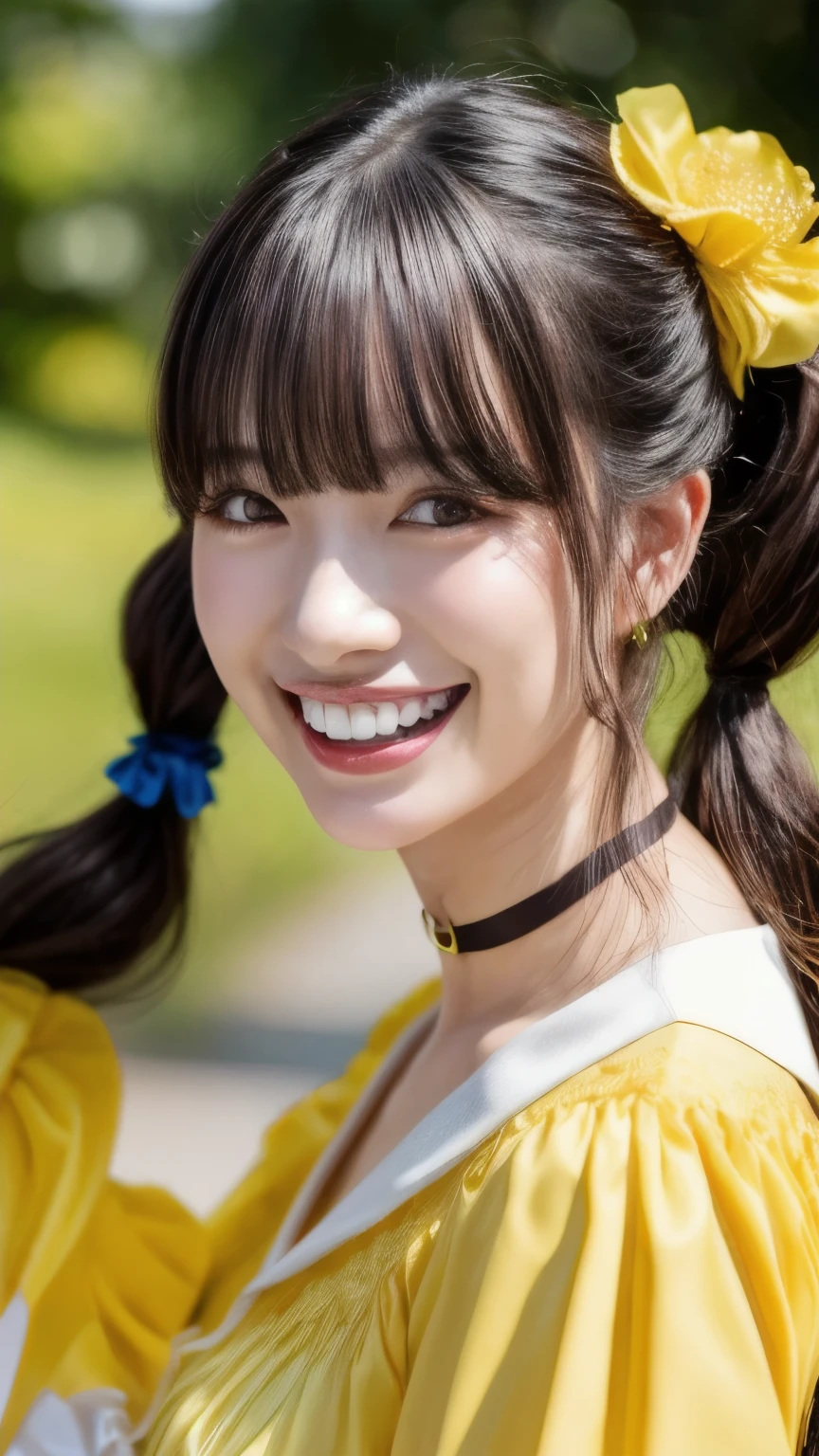 (realistic, photo-realistic:1.2), (masterpiece, best quality), high resolution, intricate details, extremely detailed, sharp focus, professional lighting, full body, solo, 1girl, a Japanese female idol, (yellow clothes, idol costume), (face focus, standing with leaning forward, bent over), dark hair, (twintails hair, straight hair, blunt bangs, hair scrunchie, hair ornament:1.2), (detailed face, beautiful detailed eyes, sophisticated nose, beautiful pupils), ((cheerful grin, teeth out)), pale skin, fine-textured skin, (choker, jewelry), photo background, indoors, daylight,,,[Aki Suda,Cho-Tokimeki-Sendenbu]