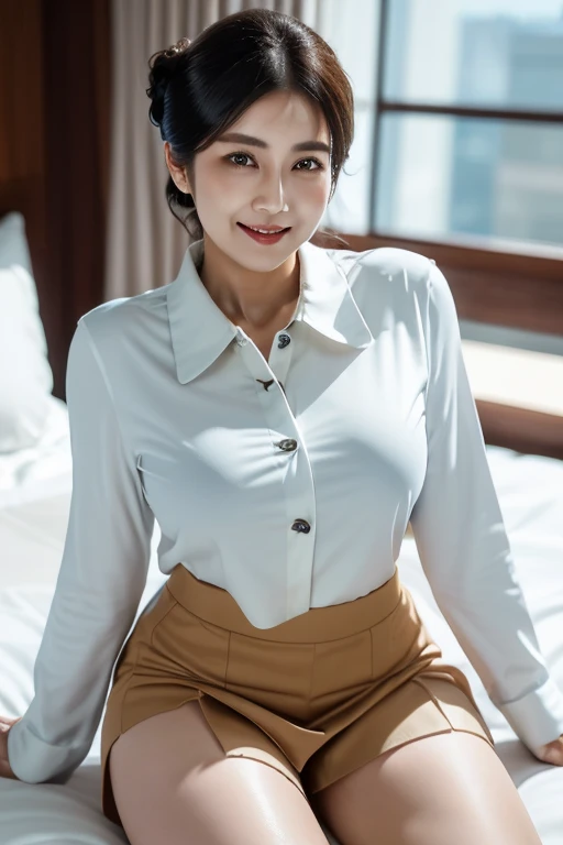 one woman, collared shirt, tight skirt, (thighs:1.4), smile, updo, 4K high resolution, photo quality, masterpiece, (detailed and beautiful face, detailed eyes:1.0), luxury hotel room, sitting on bed,