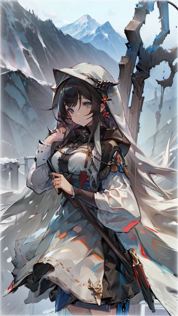 ((masterpiece)),Best Quality, figure, dark, One girl, In the wild,High Mountain,Snow-capped mountains visible in the distance々, city, Beautiful detailed eyes,  Beautifully detailed hair,