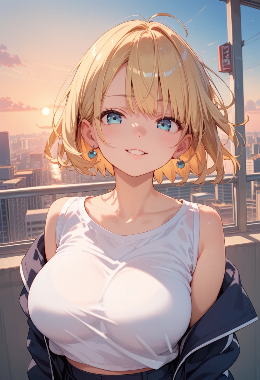 (Best Quality), High school girl, Large Breasts, Blonde, Short Hair, Kind Face, If you look at this, High resolution, sunset, In front of the station, Square, City