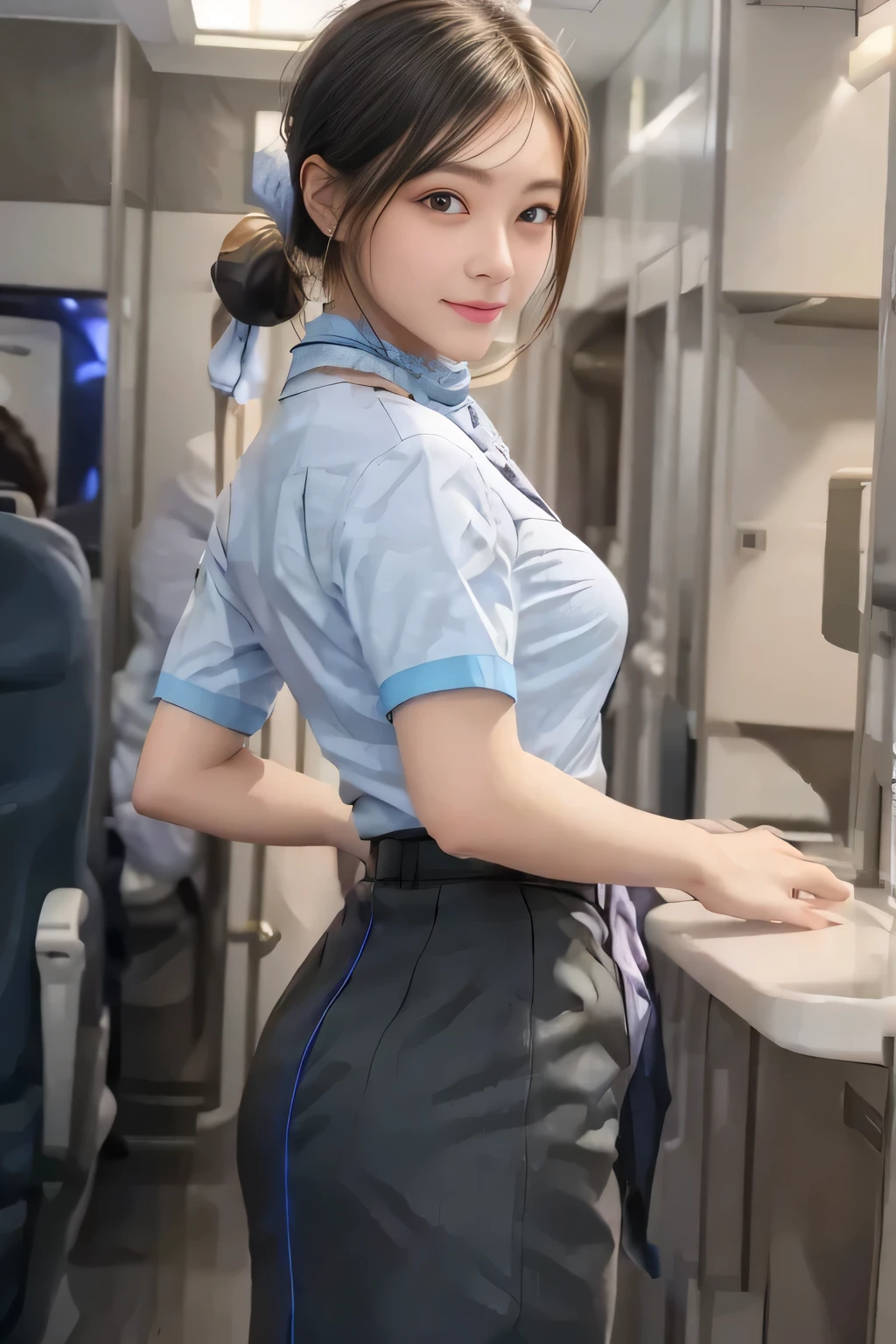 (masterpiece:1.2, Best Quality:1.2), 32K HDR, High resolution, (Alone、1 girl)、(on board、 Professional Lighting)、In-flight background、(ANA flight attendant uniform blueを着たリアルスタイル)、((ANA flight attendant uniform blue short sleeve blouse 、 ANA flight attendant uniform blue skirt with blue line on the back、Scarf around the neck))、Dark brown hair、(Long Hair、Hair tied up、Hair tied up)、Dark brown hair、Long Shot、Big Breasts、Thin legs、((Great hands:2.0)),((Harmonious body proportions:1.5)),((Normal limbs:2.0)),((Normal finger:2.0)),((Delicate eyes:2.0)),((Normal eyes:2.0)))、smile、(ANA flight attendant uniform blueを見せた美しい後ろ姿)、Hands down