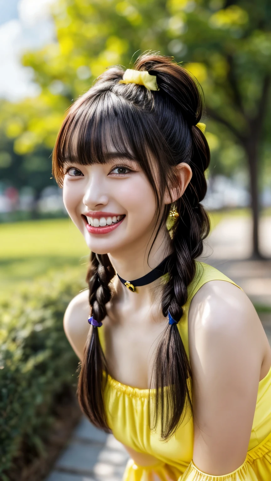 (realistic, photo-realistic:1.2), (masterpiece, best quality), high resolution, intricate details, extremely detailed, sharp focus, professional lighting, full body, solo, 1girl, a Japanese female idol, (yellow clothes, idol costume), (face focus, standing with leaning forward, bent over), dark hair, (twintails hair, straight hair, blunt bangs, hair scrunchie, hair ornament:1.2), (detailed face, beautiful detailed eyes, sophisticated nose, beautiful pupils), ((cheerful grin, teeth out)), pale skin, fine-textured skin, (choker, jewelry), photo background, outdoors, blue sky and clouds,,,[Aki Suda,Cho-Tokimeki-Sendenbu]