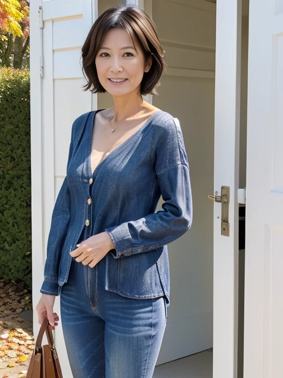 (Highly realistic photos, High resolution, Detailed face, Beautiful Eyes), Japanese women, 55 years old, (Various expressions:1.5), Japanese Wife, Beautiful married woman , Slim figure, Various hairstyles,  Casual Outfit, One of the people in the photo、Long sleeve dress、Photographed in natural light、White wall、In front of a white door、(窓のあるWhite wallの部屋)、Simple Necklace、Autumn clothes、(Autumn clothes、jeans、 shoulder bag :1.5)、autumn trees and leaves, autumn setting、(fullbody:1.2)、(whole body:1.2)、Looking at the camera、Dark brown hair color、Short Hair、Cleavage、few々Sagging、Wrinkles around the eyes, Wave
