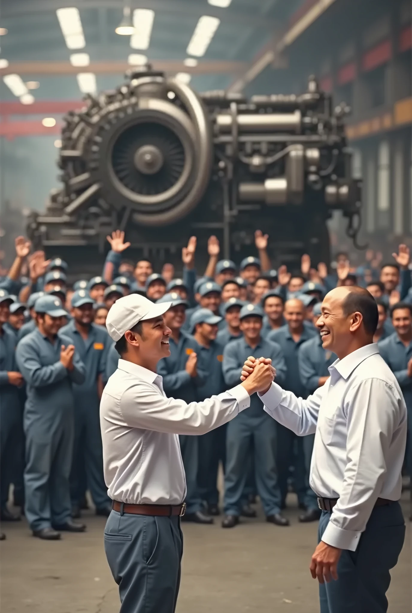 two men shaking hands in front of a crowd of people, inspired by Liu Haisu, photorealism, stood in a factory, 2 0 2 1 cinematic 4 k framegrab, arms held high in triumph, big engine, being delighted and cheerful, instagram photo, workers, korean, kodakchrome : : 8 k, gm, maintenance, everyone having fun, mechanic