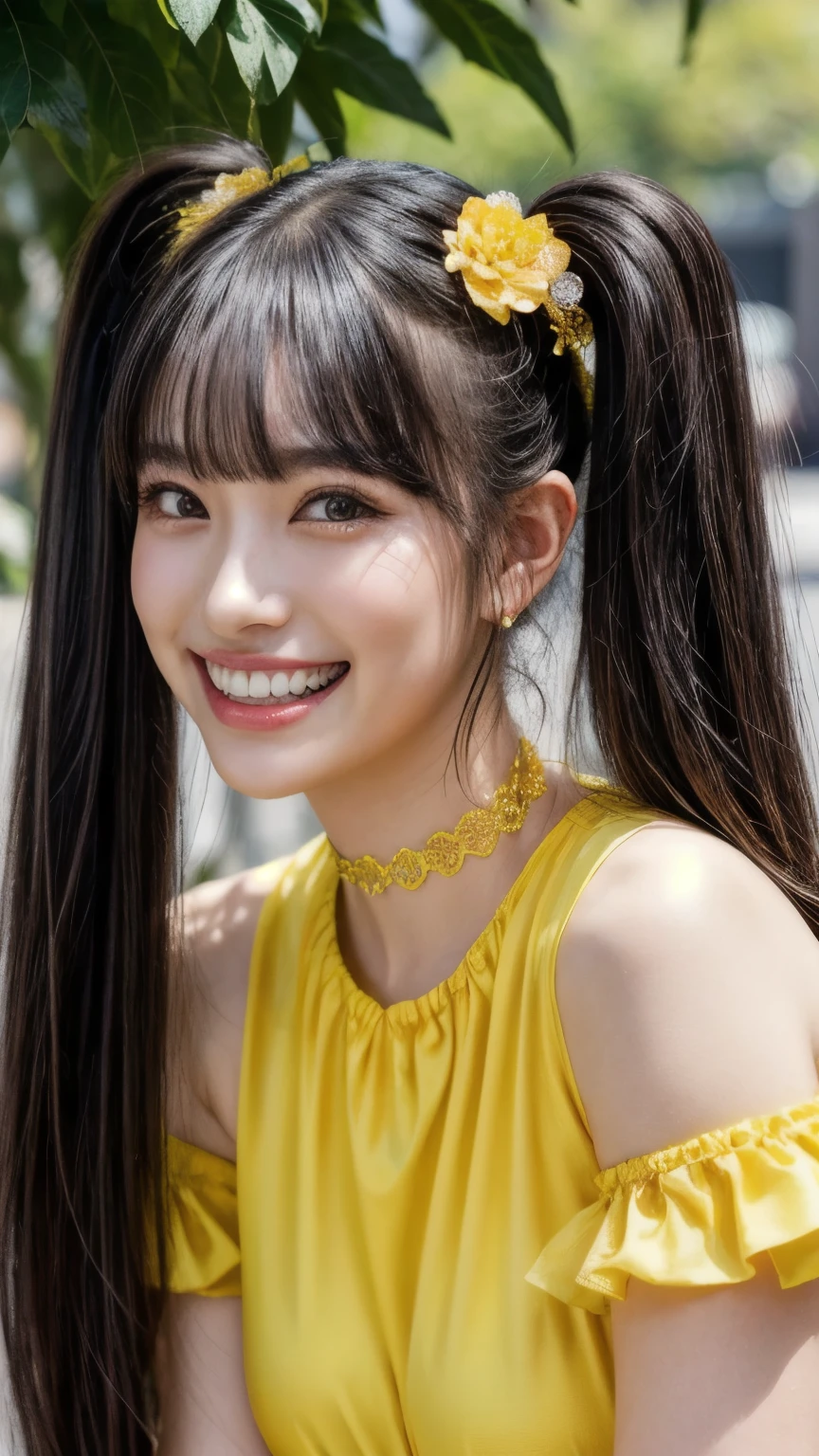 (realistic, photo-realistic:1.2), (masterpiece, best quality), high resolution, intricate details, extremely detailed, sharp focus, professional lighting, full body, solo, 1girl, a Japanese female idol, (yellow clothes, idol costume), (face focus, standing with leaning forward, bent over), dark hair, (twintails hair, straight hair, blunt bangs, hair scrunchie, hair ornament:1.2), (detailed face, beautiful detailed eyes, sophisticated nose, beautiful pupils), ((cheerful grin, teeth out)), pale skin, fine-textured skin, (choker, jewelry), photo background, outdoors, blue sky and clouds,,,[Aki Suda,Cho-Tokimeki-Sendenbu]