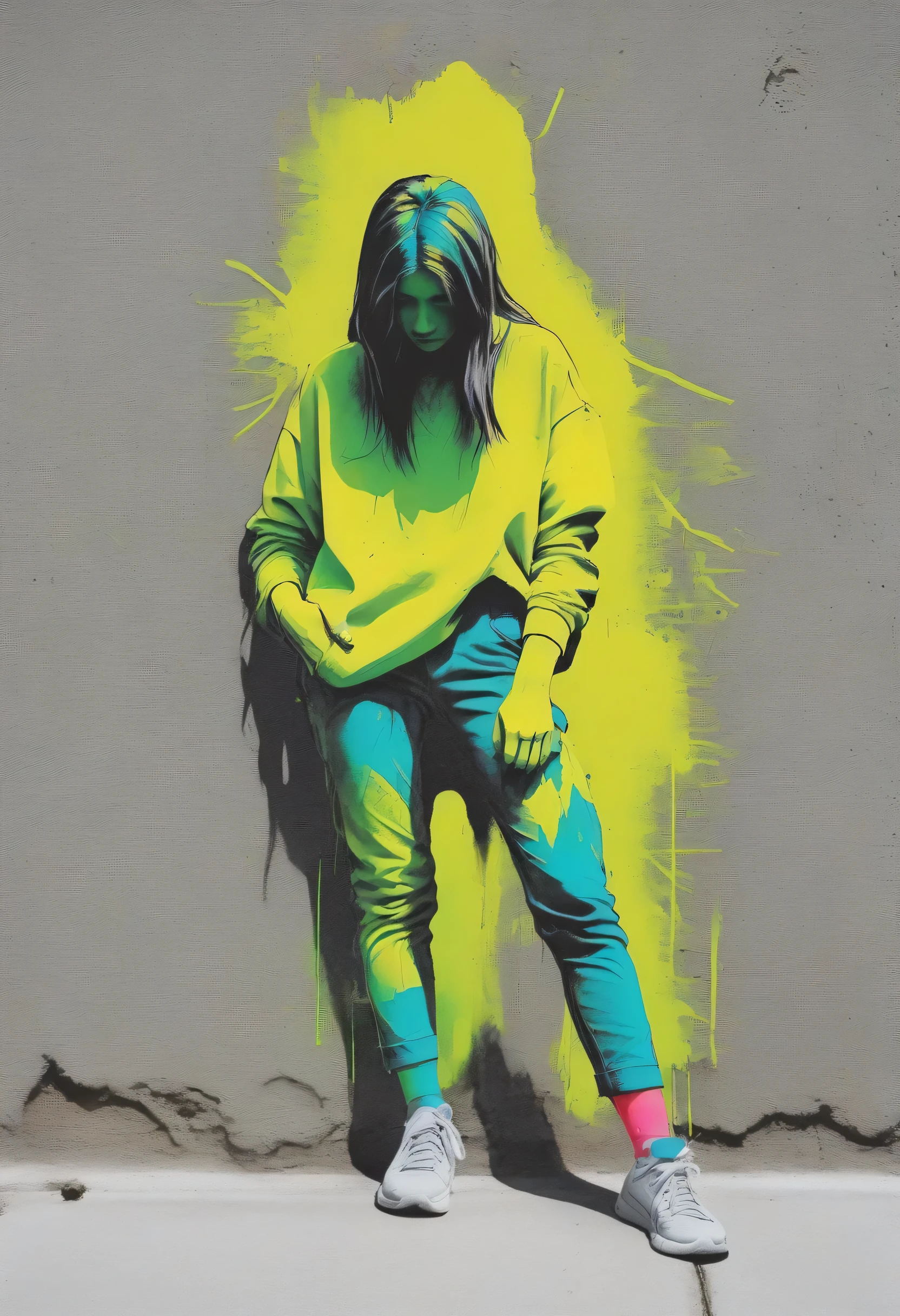 Minimalism, vector, Modern art, Girl leaning against concrete、Girl coated with neon colored paint,  