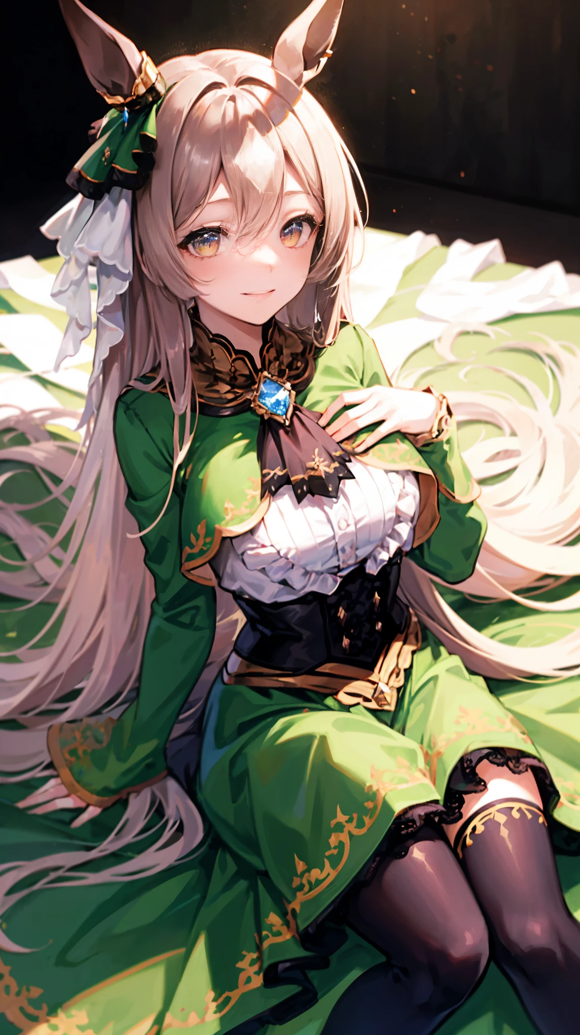 8k high resolution (Super detailed), masterpiece, (Best Quality), Anime Style Detailed eyes, Detailed face Detailed hands Fine hair Very detailed body、Fine skin Precision sculpted body and hands One Girl aasato, long hair, half updo, braid, hair between eyes, animal ears, ear ornament, horse tail, breasts, frills, black ascot, green dress, (sleeves past wrists:1.2), black thighhighs chest,Lying down,押しつぶされたchest,View here Blushed, smile Thighs, Long Hair, Half Up, Braiding, Hair between the eyes, Animal ears, Ear Ornaments, Horse tail, Black Ascot, Green Dress,Black knee-highs