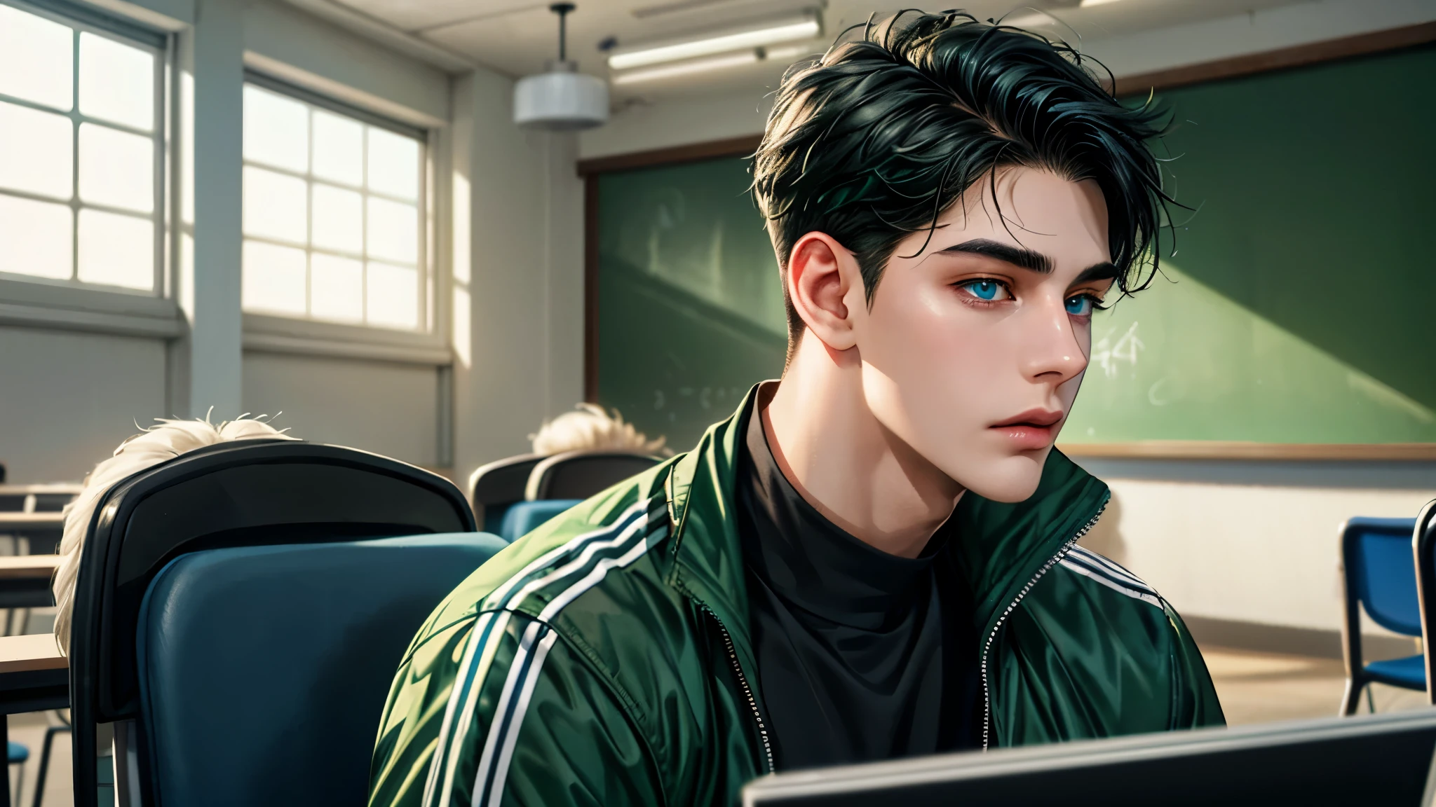 a handsome young man, black hair, badboy, short hair, blue eyes, ombros largos, masterpiece, Absurd, beautiful detailed face, with dark green adidas jacket, Sunny daytime environment, in a classroom, looking at the table,  notebook with a bored expression