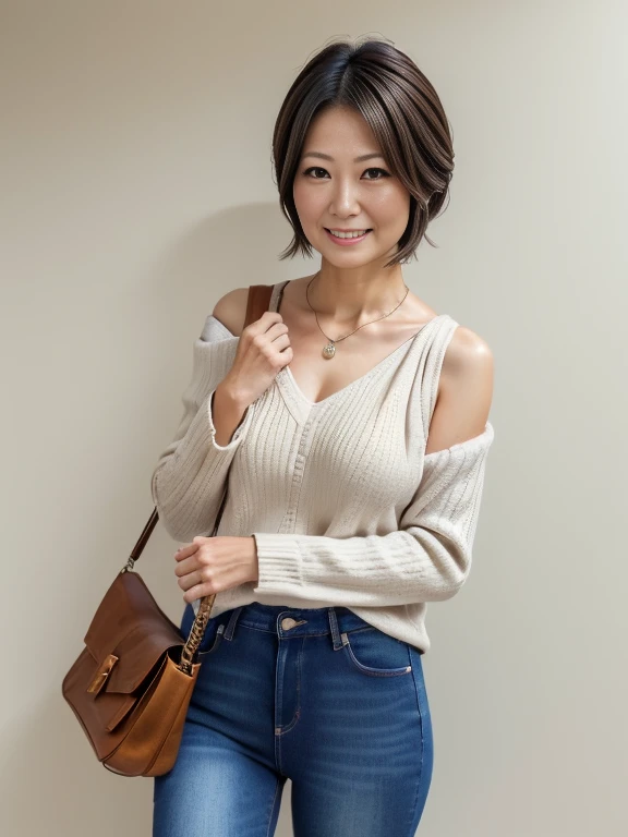 (Highly realistic photos, High resolution, Detailed face, Beautiful Eyes), Japanese women, 55 years old, (Various expressions:1.5), Japanese Wife, Beautiful married woman , Slim figure, Various hairstyles,  Casual Outfit, One of the people in the photo、Long sleeve dress、Photographed in natural light、White wall、In front of a white door、(窓のあるWhite wallの部屋)、Simple Necklace、Autumn clothes、(Autumn clothes、jeans、 shoulder bag :1.5)、autumn trees and leaves, autumn setting、(fullbody:1.2)、(whole body:1.2)、Looking at the camera、Dark brown hair color、Short Hair、Cleavage、few々Sagging、Wrinkles around the eyes, Wave
