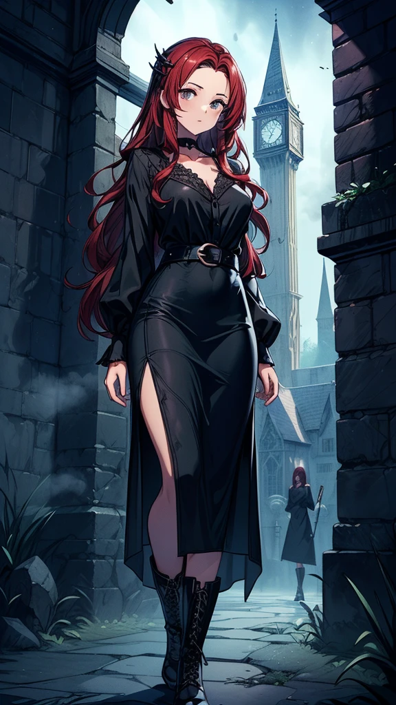 Obra maestra, detallado, SFW, 1 mujer, Joven, hechicera, pelo largo de color rojo, Brown eyes, tez blanca, pendientes largos, Talisman necklace, Vestido largo negro con violeta sin escote, cuerpo completo, atardecer, Castillo medieval al fondo.