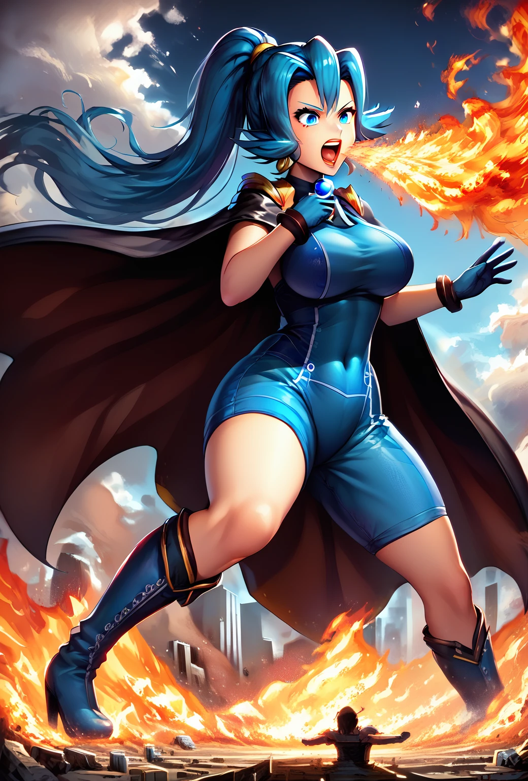 score_9, score_8_up, score_7_up, source_anime, 

master piece, best quality, extremely detailed CG unity 8k wallpaper, ultra-detailed, detailed face, detailed eyes, 8K, front view, powerful shot, powerful effects, dynamic effects, dynamic shot, (perfect anatomy), (thick legs, thick thighs, thick calves, thick limbs),

motion blur, speed effect, wind line, concentration line, dynamic pose, 

athletic curvy physique, inverted body type, attractive feminine curves,  big breasts, curvy legs and arms, feminine curvy figure, ((bare knees, bare thighs, bare legs)), (style of plump voluptuous body), 

blue over-the-calf boots, ((pin-heeled boots, leaning upper body forward)),

1 beautiful giant woman, looking down with evil smile, smirk, ((looming, running, sprinting, FireBreath, breathing fire, vomit fire from mouth, fire from open mouth)), rampage, destroying city, destroying buildings, corrupted buildings, crushing tiny human with her foot, scattered rocks around her steps, towering, overwhelming, terrible, stepping, footprints, destruction, ruins,  teeth, with tiny people,

GTS, giantess, jvdaniang, giga size, 
zzClair, solo, 1girl, long hair, blue hair, blue eyes, ponytail, blue bodysuit, black cape, blue gloves, 
(fire projected into her throat), 
