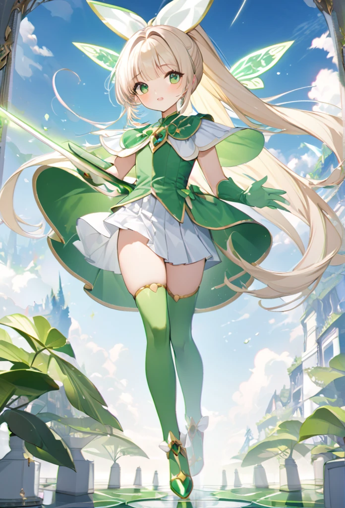 Please redeem、Unity 8K Wallpapers、32K、masterpiece、Very detailed、Ultra-high resolution、Very detailedな顔、RAW Photos、professional、Ultra-fine painting、Magical Fairy Swordsman Leafa、Blonde Long Hair、White hair ribbon、green eyes、Green magical girl costume、Blonde ponytail、White hair ribbon、Yellow ribbon with a large emerald brooch、White pleated skirt with green lines、Green and yellow long gloves、Green thigh-high stiletto heel boots with gold molding、