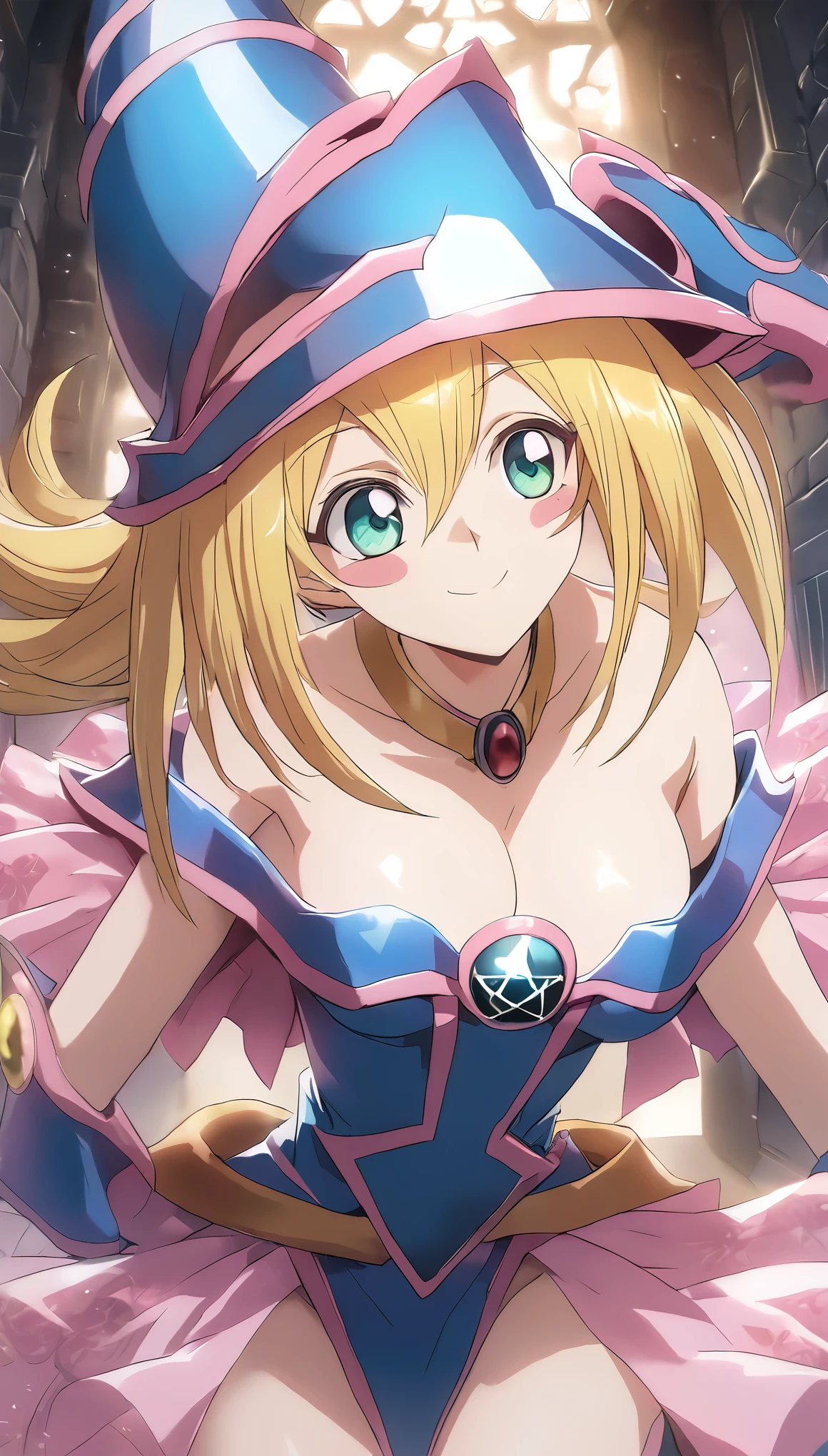 Dark magician girl NSFW, glass cover, upper body, side shot, alternate color, masterpiece, detailed illustration, lifelike, Pixiv top quality, exquisite, {{{Cute 1dark magician girl}}}, super beauty merging with the machine, elaborate shabby chic pattern, beautiful and shiny woman, half of my body is made of machine, transparent glass body, the machine inside is transparent, cinematic lighting, dynamic angle, dynamic pose, yugioh blue-eyed white dragon forest, depth of field. Magic macaw at the bottom. Magic hearts showing your VOLUPTUOUS body,medium TITS, BEAUTIFUL, SENSUAL, BLUSHING from head to toe, STROLLING IN THE CASTLE, SMILING PLAYING SEXY, BLONDE HAIR INTERACTING
