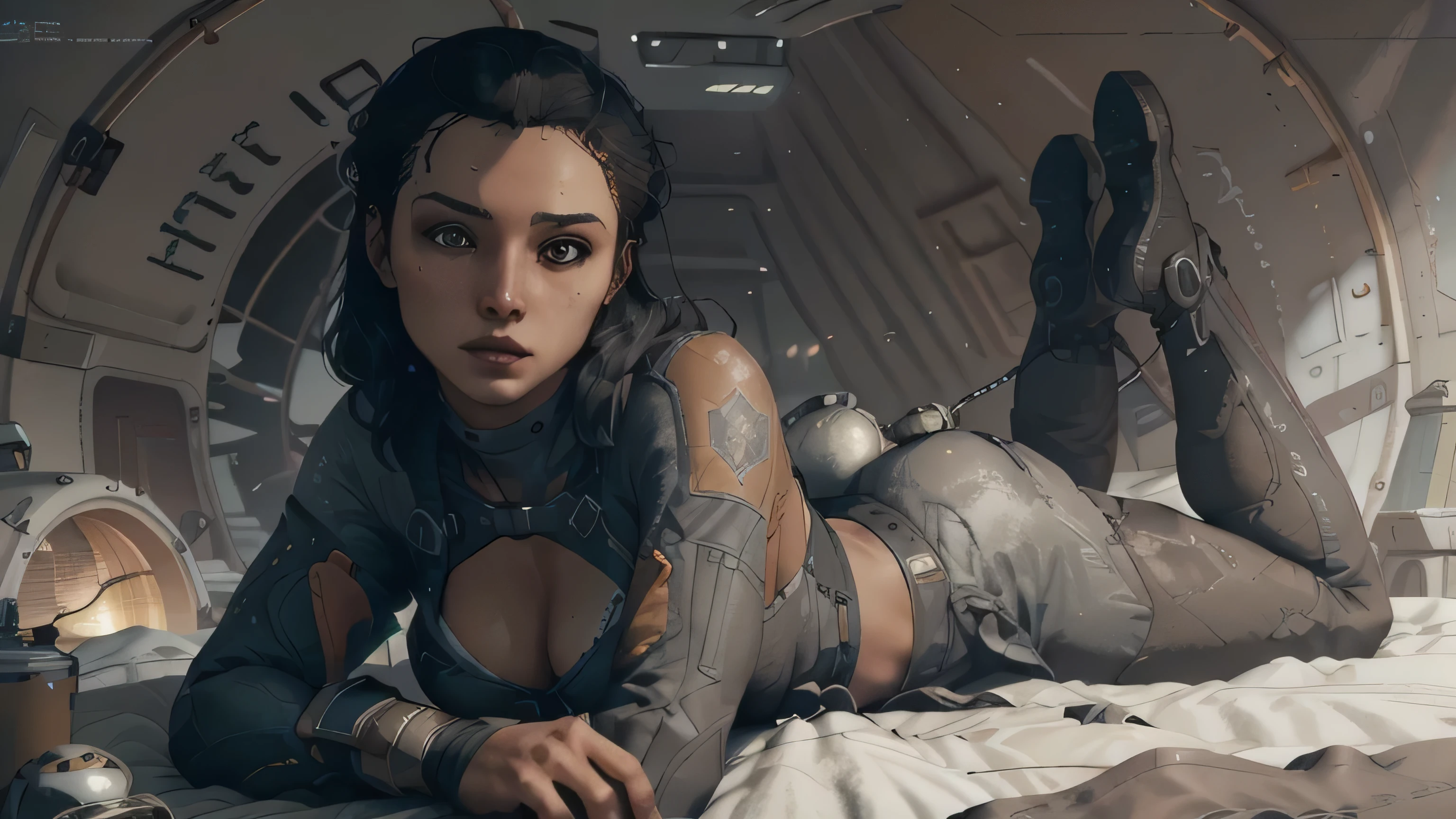 Planet with rings in the background, Women in spaceship(realisti:1.1), (photo-realistic:1.1), slim muscular body, saggy boobs, enormous boobs, on bed, Detailed, Rendering, Epic, Andreja from starfield, very tan, eastern european, black hair, Ambient lighting, very seductive pose, intricated, Sharp focus, soft-lighting, bright colors