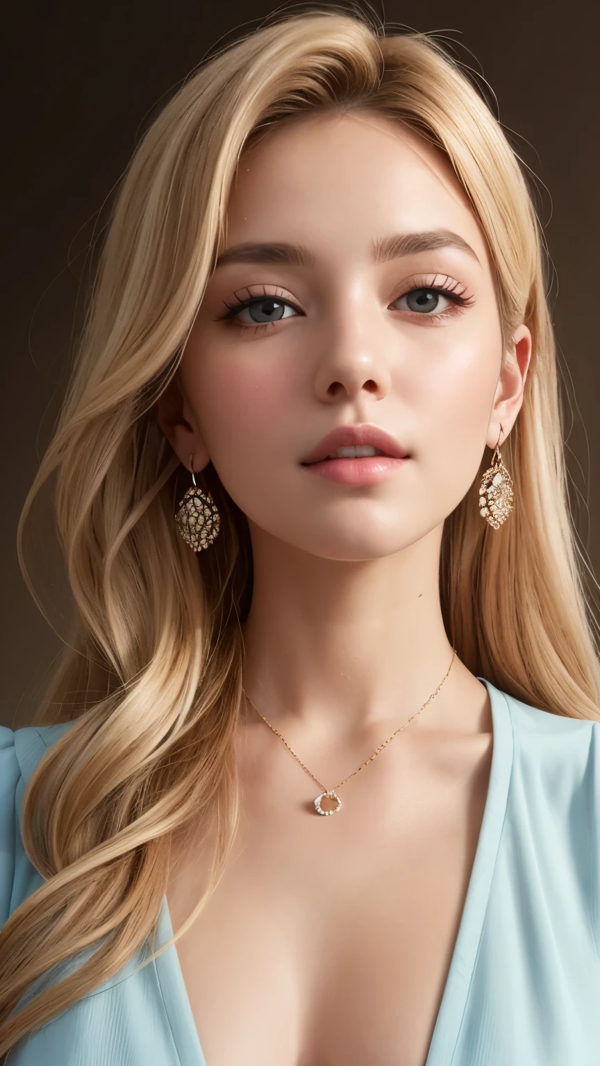 1 25 years old beautiful woman with long blonde hair posing for a picture, Beautiful long blonde woman, Long blonde very beautiful woman, She is blushing and making a kissy face, Her face is turned upwards, Well-cared for beautiful long blonde, 8K Ultra Realistic Portrait, Photograph from the front of her, Camera angle of view from above, Smooth long blonde beautiful woman, Slim figure top model, She has a very white and fine and smooth skin, Breast enhancement, ((Long blonde Spanish woman)), The blonde eyebrows are raised and furrowed, She has bittersweet feeling, Glossy long blonde hair, Super thinly opened eyesare moist and droopy, She is looking up at the viewer from below, Her thick plump and shiny lips are half-opened, Close-up photo of face, A person in the center left and right, The whole head is shown, She is wearing a pastel colored blouse, A very simple necklace and very simple earrings, Perfect Makeup, Professional lighting like movies in a dark room