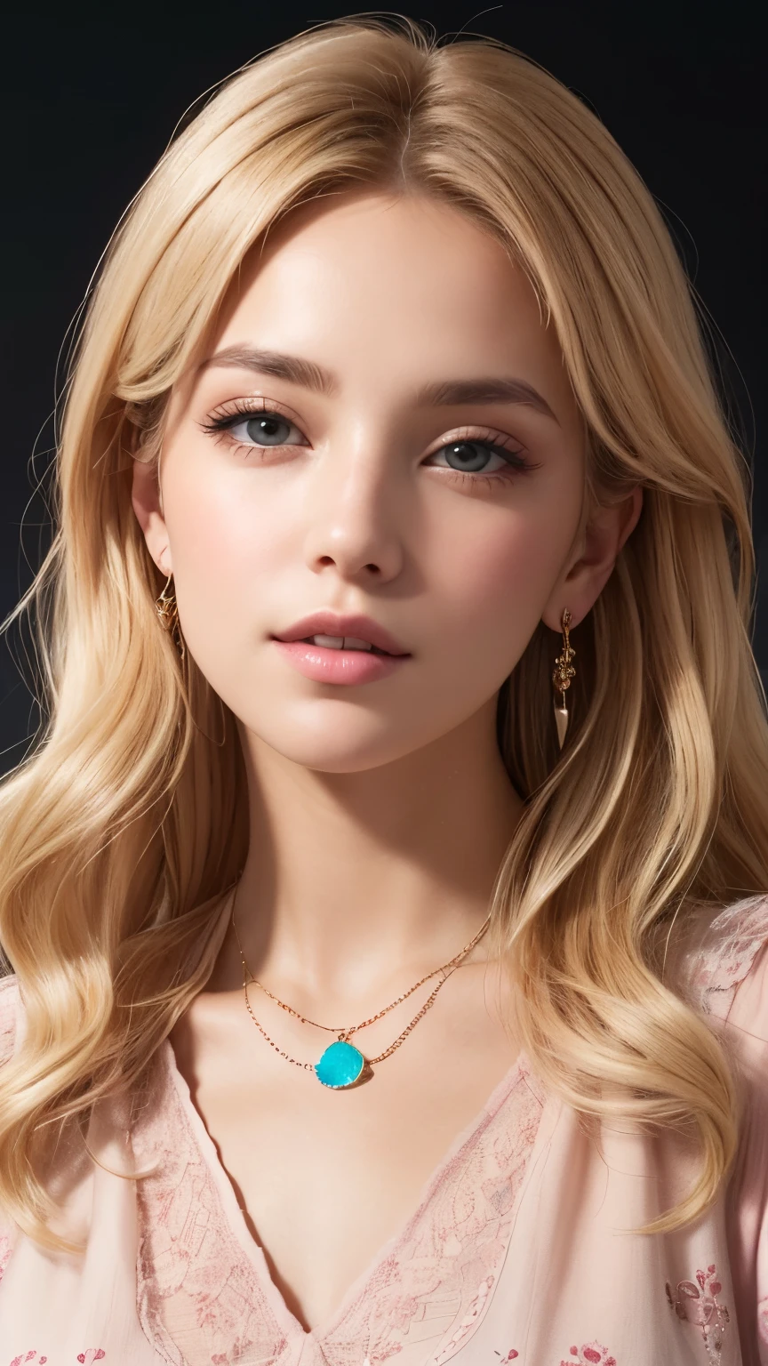 1 25 years old beautiful woman with long blonde hair posing for a picture, Beautiful long blonde woman, Long blonde very beautiful woman, She is blushing and making a kissy face, Her face is turned upwards, Well-cared for beautiful long blonde, 8K Ultra Realistic Portrait, Photograph from the front of her, Camera angle of view from above, Smooth long blonde beautiful woman, Slim figure top model, She has a very white and fine and smooth skin, Breast enhancement, ((Long blonde Spanish woman)), The blonde eyebrows are raised and furrowed, She has bittersweet feeling, Glossy long blonde hair, Super thinly opened eyesare moist and droopy, She is looking up at the viewer from below, Her thick plump and shiny lips are half-opened, Close-up photo of face, A person in the center left and right, The whole head is shown, She is wearing a pastel colored blouse, A very simple necklace and very simple earrings, Perfect Makeup, Professional lighting like movies in a dark room