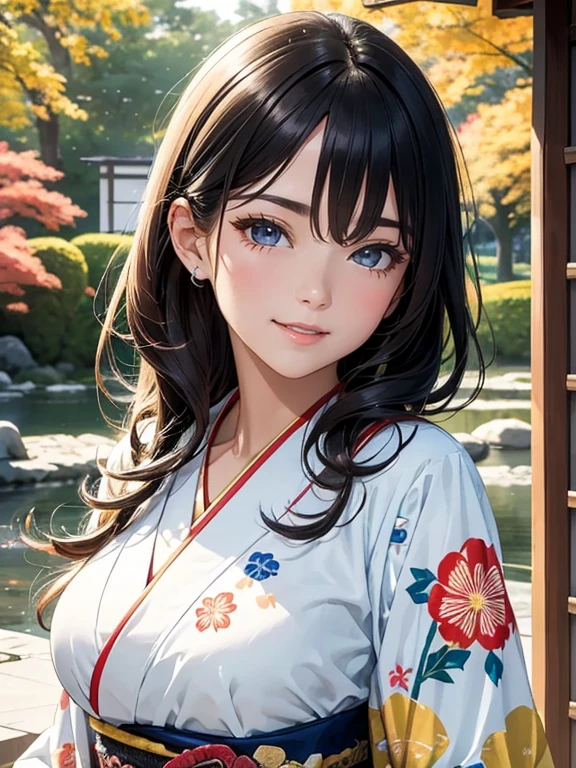 (Best Quality, High resolution, 8k), Japanese painting style, Beautiful Japanese women who look good in kimono,  Japanese clothing with calm colors and patterns, Light brown-black hair, Beautiful eyes, Beautiful lips,  beautiful face with a well-groomed face, Facial detailing, Large Breasts, A biologically healthy body, Detailed and delicate depiction, A flashy and dynamic painting technique, Japanese style garden,  Japanese style hotel, Autumn season, The autumn leaves are beautiful, Autumn flowers are blooming, The silver grass is swaying, Cosmos flowers are blooming, Wind blows hair up , Vibrant colors, Look at me and smile, blue sky, White Clouds, Detailed illustration art, Original creation and drawing, 