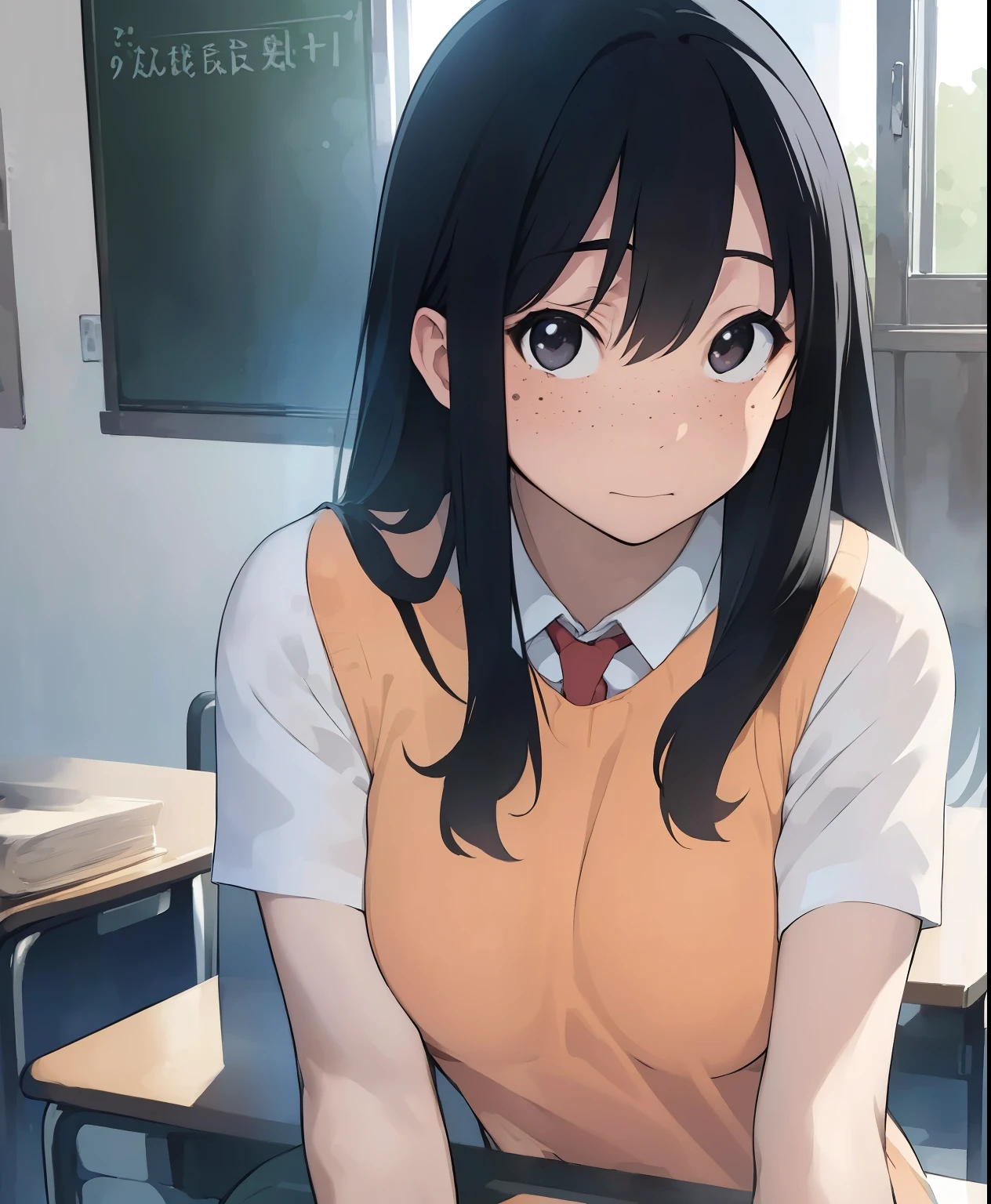 (masterpiece、Best Quality、Best Quality、Official Art、Beautiful and beautiful:1.2)、(One person:1.3),Beautiful breasts,Long black hair、Freckles、Chairman、classroom