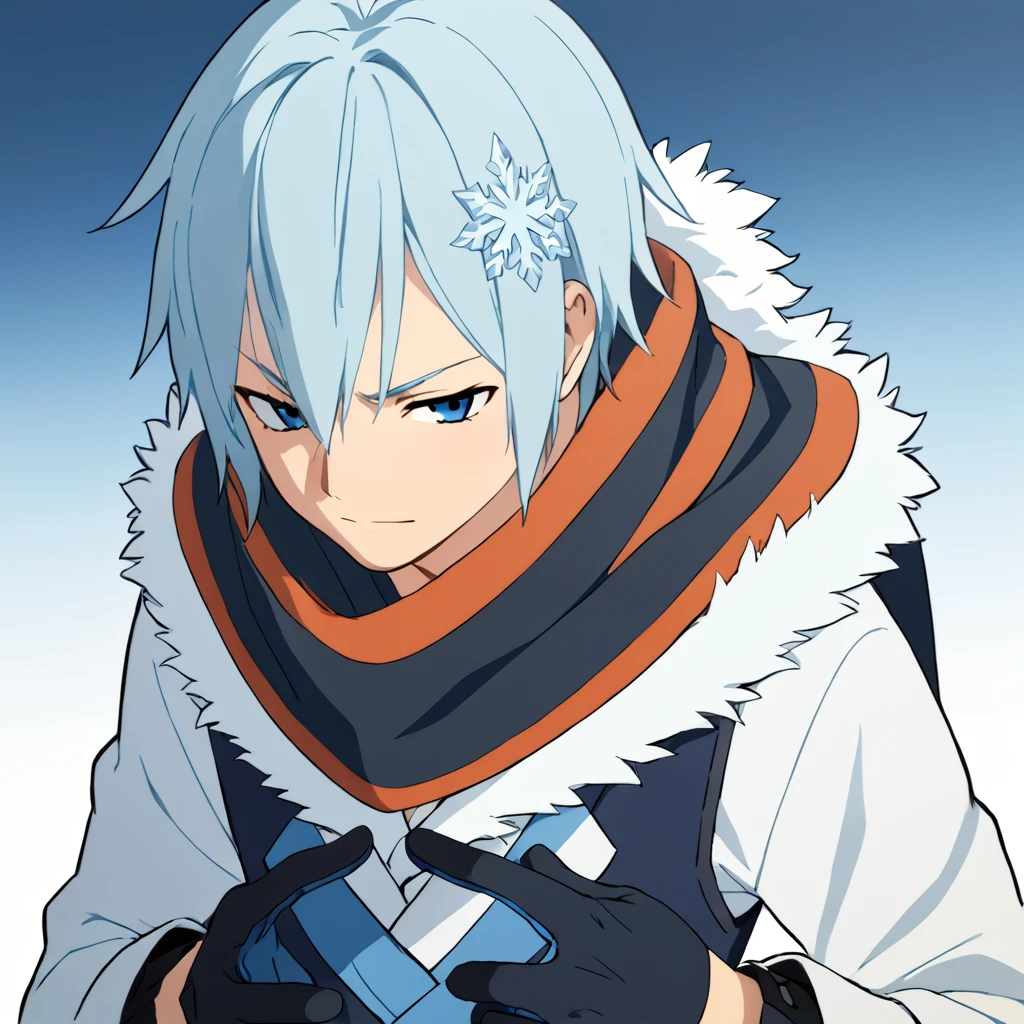 score_9, score_8_up, score_7_up, rating_explicit, source_anime, score_9, score_8_up, score_7_up, source_anime, man, white and blue gradient hair, snowflake ornament, gloves, scarf, amazing quality, best aesthetic, game cg, official art, wallpaper, absurdres, high-res