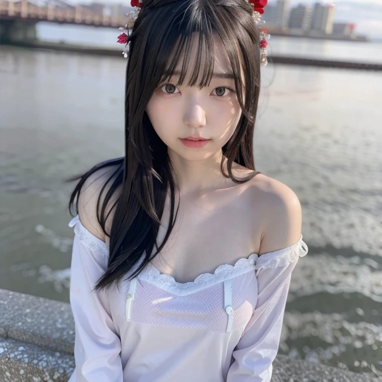 one person, Long Hair, High resolution, masterpiece, accurate, Anatomically correct, 最High quality, detail, High detail, High-resolution model, High quality, quality, one person, Blushing, Gauze, Long Hair, Large Breasts, Close your mouth, Close your mouth, Wide-angle shot, Headpiece, accessories, far and near method, Large Breasts, smile, Simple Background, High resolution, masterpiece, Ultra Wide Angle, Swimwear