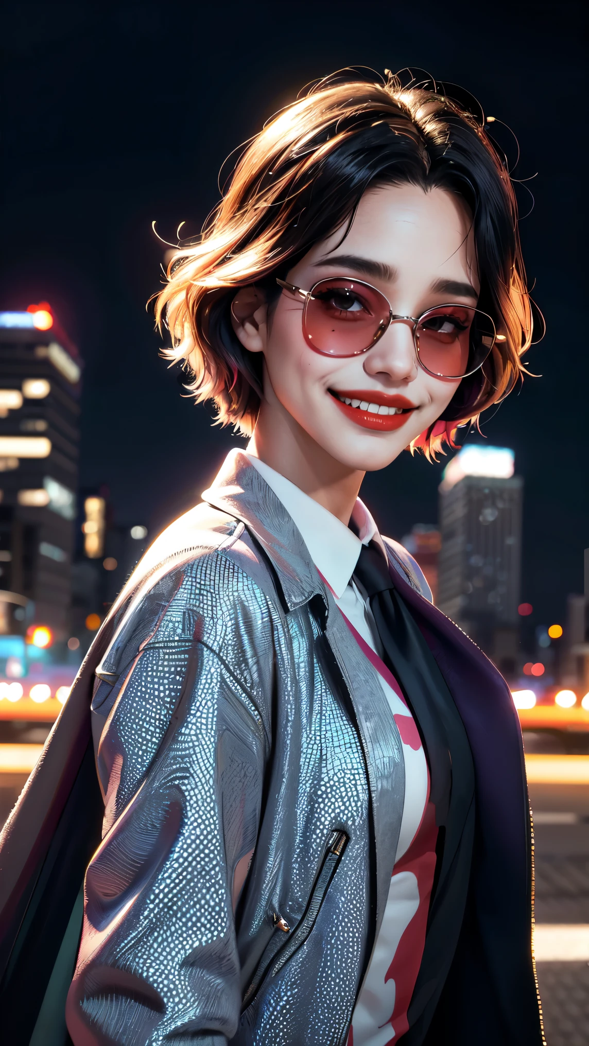 /joker in omib style, illustrator, masterpiece, high quality, 8k, high res, high detail, smiley, transparent sunglasses, cinematic overlay, vivid colors, cool soft lighting, chicago night, wind blowing, greg rutkowki style