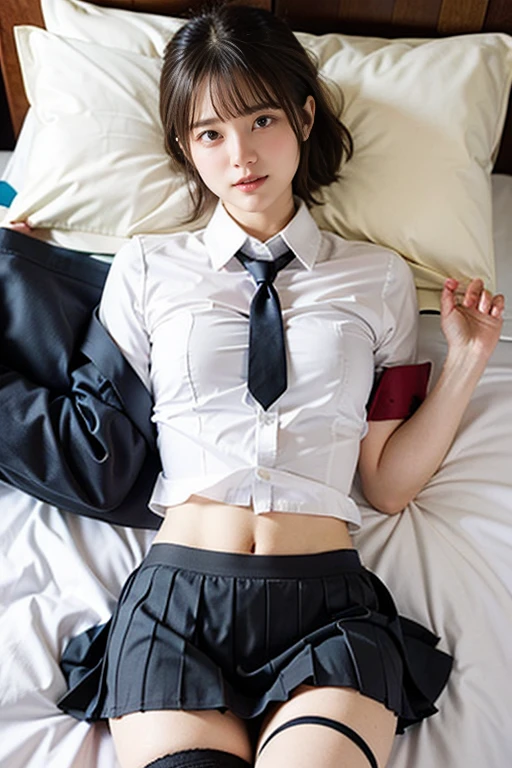 japanese 1 woman,Kawaii, Medium Hair,Straight Hair,Brown Hair,cute,smiling,stockings,skirt,school uniform,lying on bed,
(on back:1.3),
(put head on pillow:1.3),
from above, 