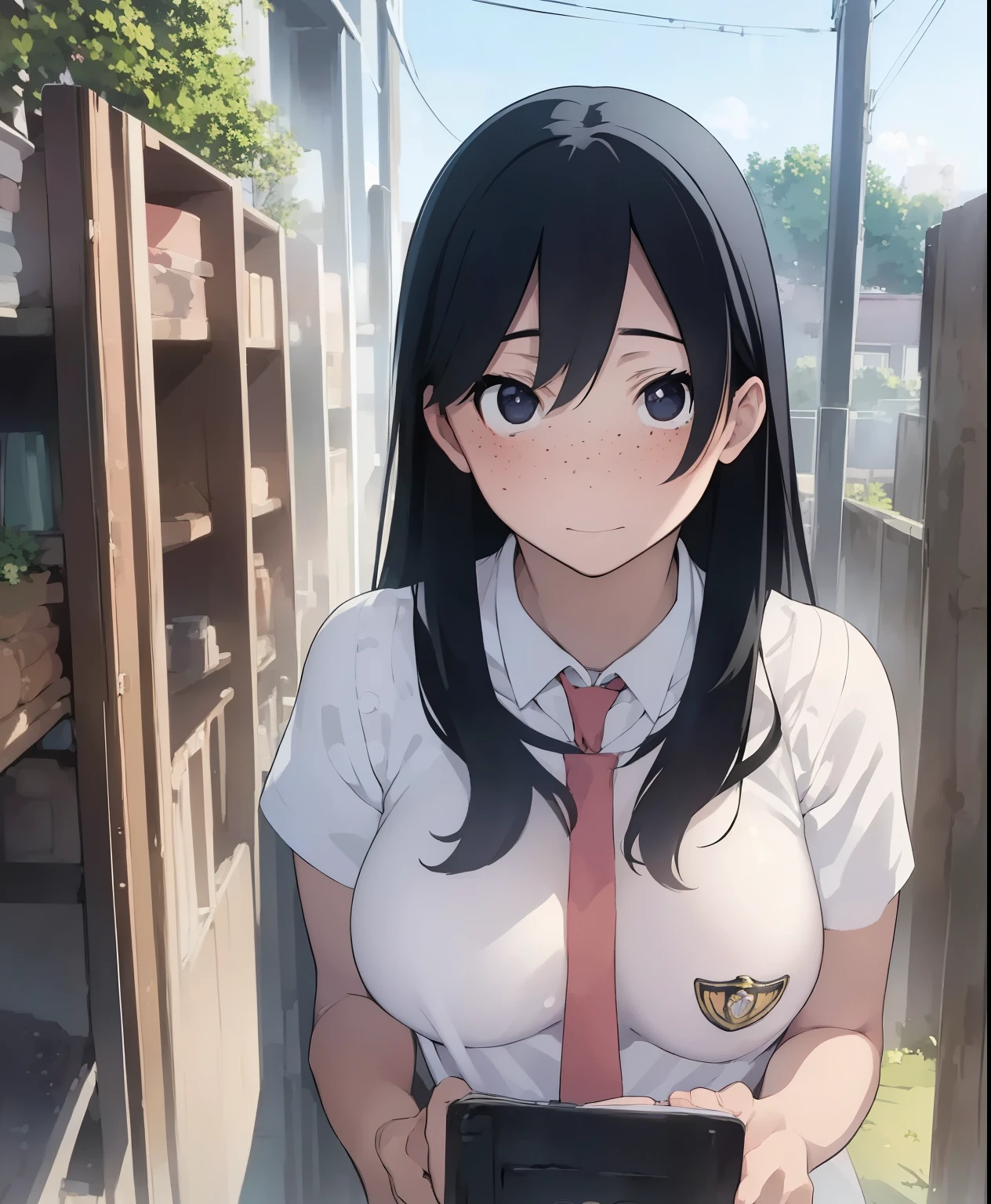 (masterpiece、Best Quality、Best Quality、Official Art、Beautiful and beautiful:1.2)、(One person:1.3),Beautiful breasts,Long black hair、Freckles、Chairman、classroom