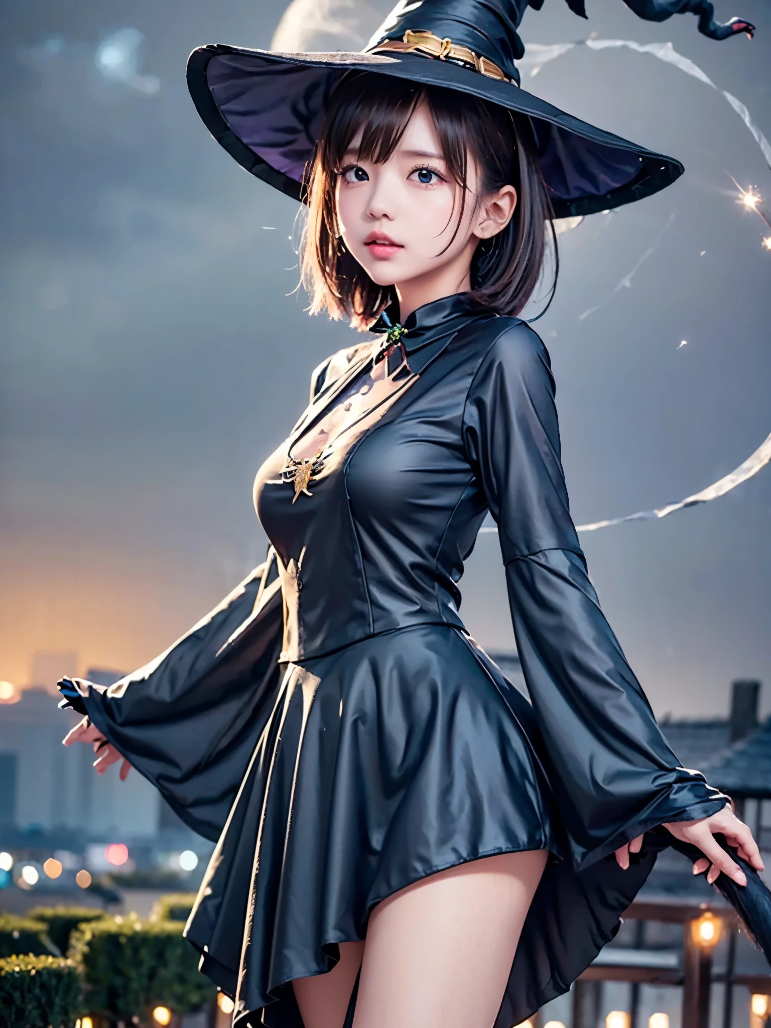 (yuichan:1.3), (style-swirlmagic:0.8), full body, look up, Alone,  upper body, Detailed Background, (witch hat:1.5), witch, Magical atmosphere, Hair blowing in the wind,  dark colored clothing with yellow edging ,long skirt,  Floating in the night sky, dynamic pose ,  colorful lightning swirling in the air , Swirling Portal, Black Magic,  Suspended particles, cloudy background ,  Backlight, 