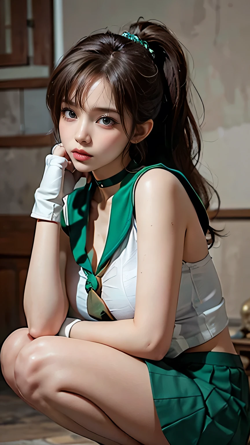 Araffe asian woman in green and white outfit sitting on a floor - SeaArt AI