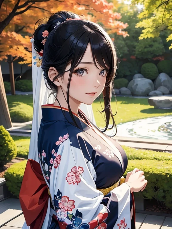 (Best Quality, High resolution, 8k), Japanese painting style, Beautiful Japanese women who look good in kimono,  Japanese clothing with calm colors and patterns, Light brown-black hair, Beautiful eyes, Beautiful lips,  beautiful face with a well-groomed face, Facial detailing, Large Breasts, A biologically healthy body, Detailed and delicate depiction, A flashy and dynamic painting technique, Japanese style garden,  Japanese style hotel, Autumn season, The autumn leaves are beautiful, Autumn flowers are blooming, The silver grass is swaying, Cosmos flowers are blooming, Wind blows hair up , Vibrant colors, Look at me and smile, blue sky, White Clouds, Detailed illustration art, Unique creation and drawing, 